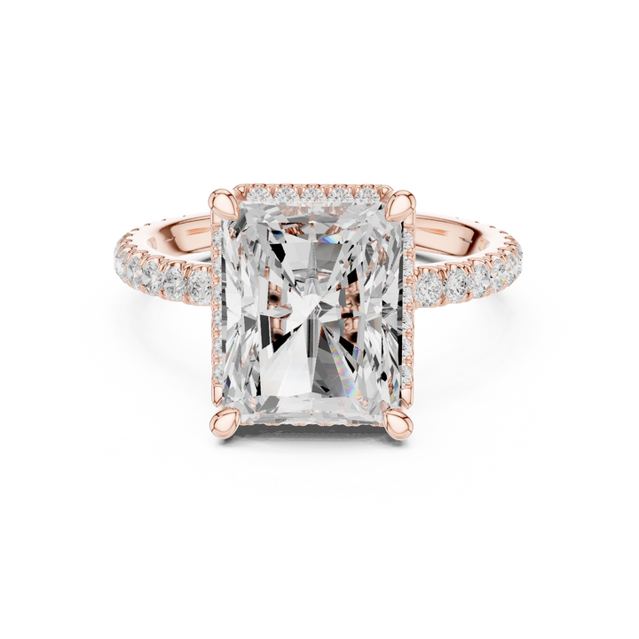 Sparkling Radiant Cut Diamond Halo Engagement Ring with Pavé Band close-up accent detail