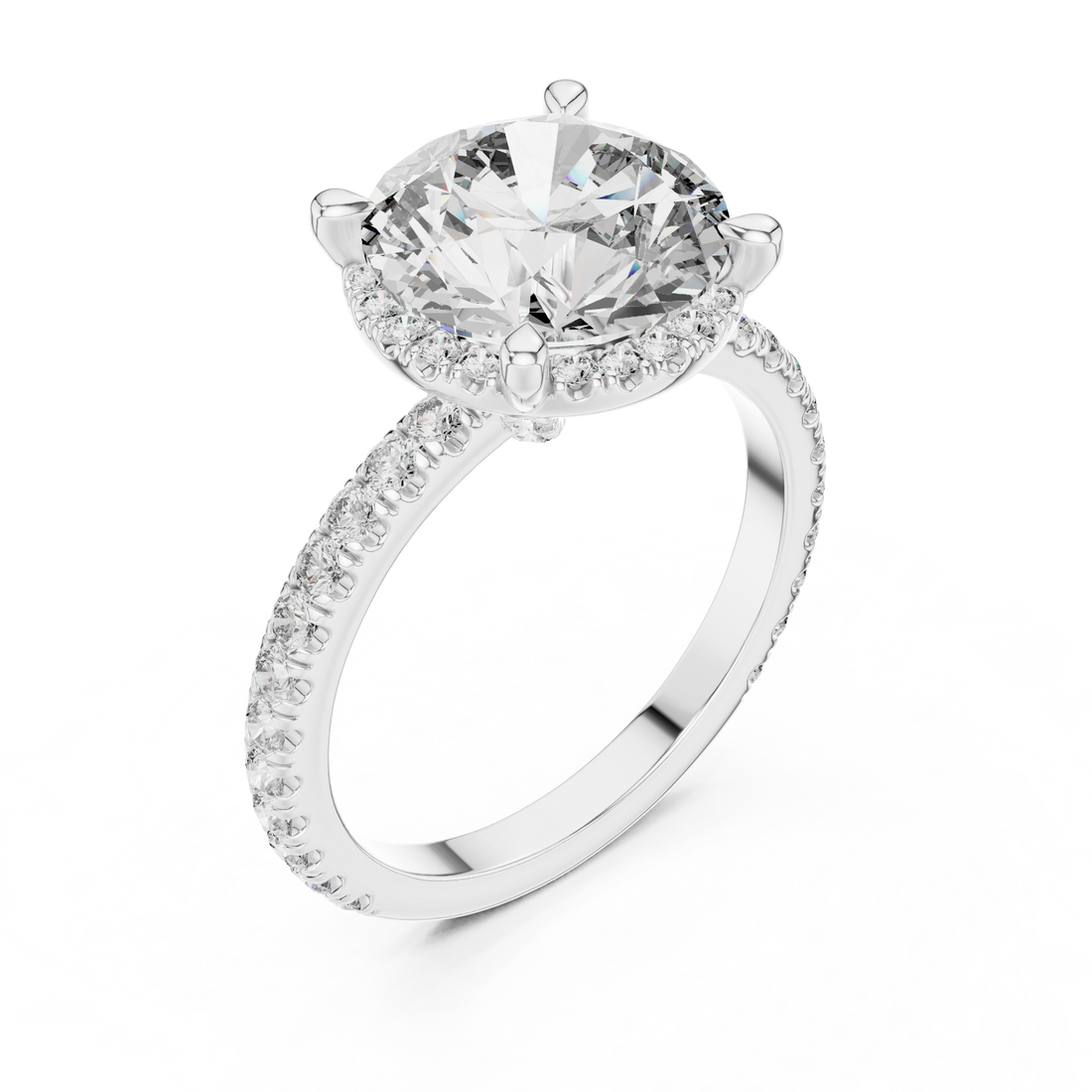 Round Brilliant Diamond Halo Engagement Ring with Pavé Band
