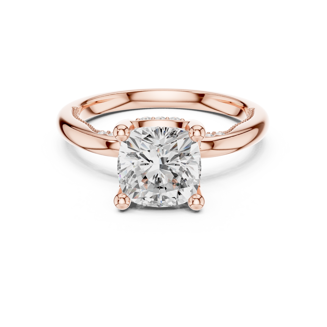 Sparkling Cushion Cut Diamond Solitaire Engagement Ring with Hidden Halo close-up accent detail