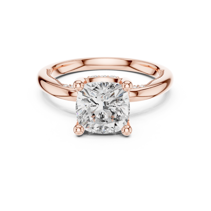 Sparkling Cushion Cut Diamond Solitaire Engagement Ring with Hidden Halo close-up accent detail