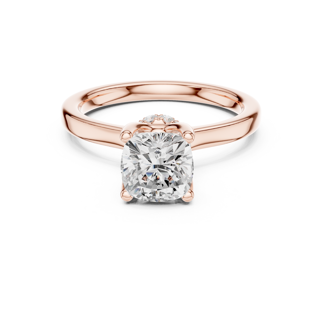 Sparkling Cushion Cut Diamond Solitaire Engagement Ring with Hidden Halo close-up accent detail