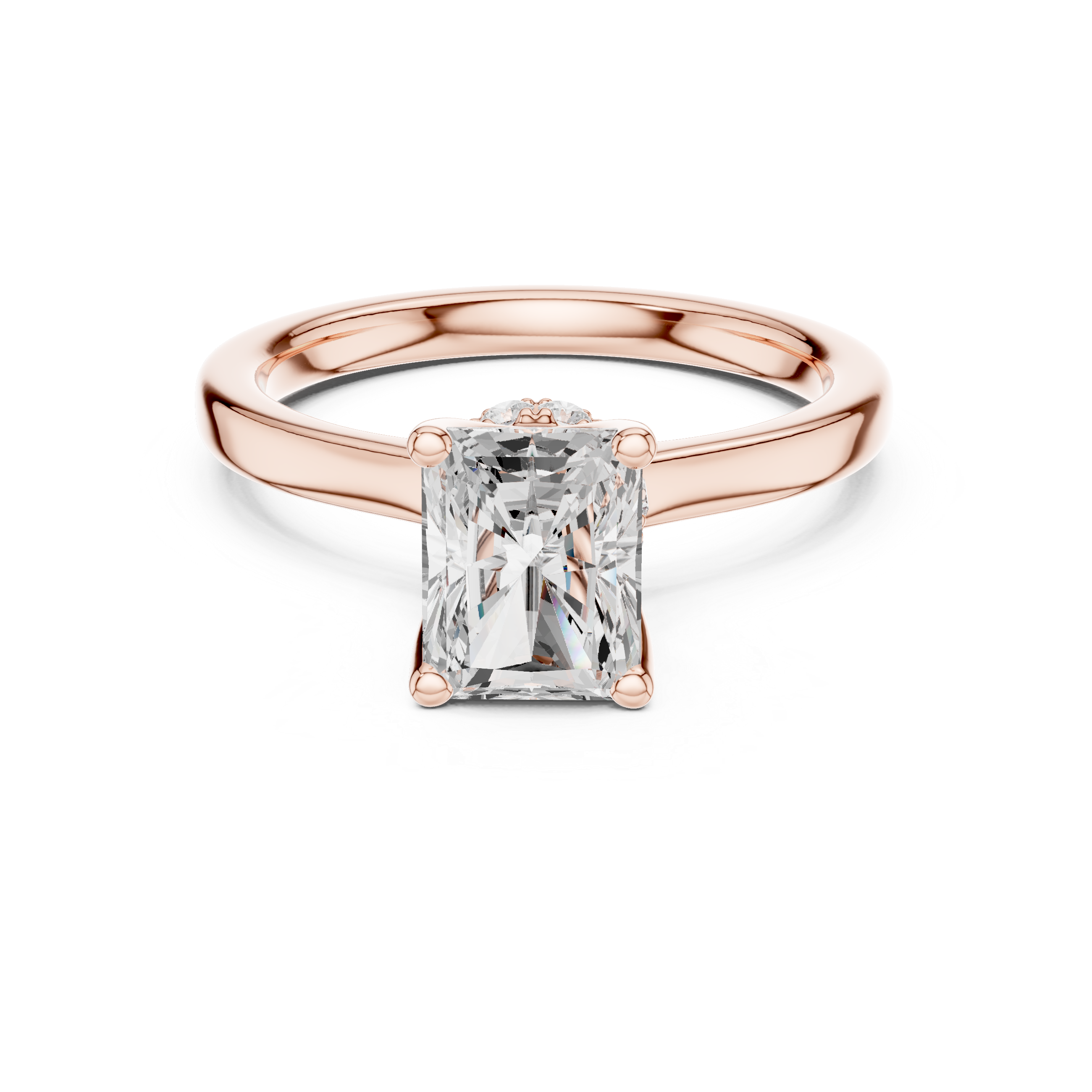Sparkling Radiant Cut Diamond Solitaire Engagement Ring with Hidden Halo close-up accent detail