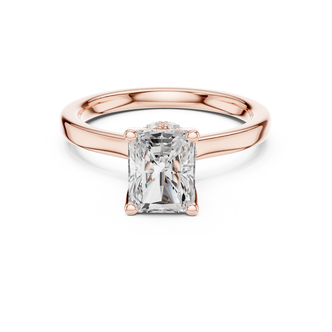 Sparkling Radiant Cut Diamond Solitaire Engagement Ring with Hidden Halo close-up accent detail