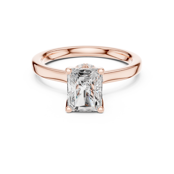 Sparkling Radiant Cut Diamond Solitaire Engagement Ring with Hidden Halo close-up accent detail