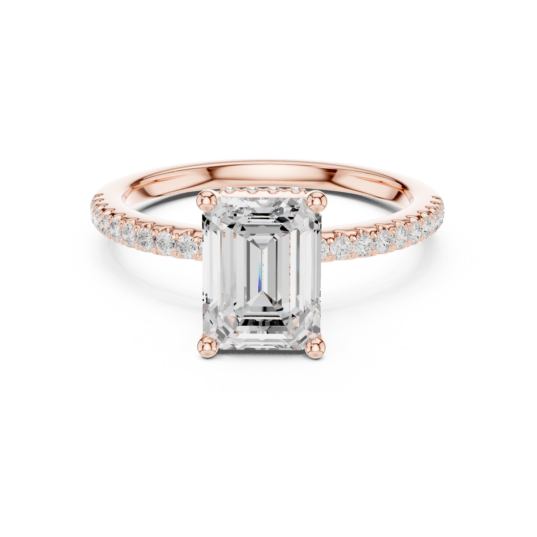 Sparkling Emerald Cut Diamond Engagement Ring with Pavé Diamond Band close-up accent detail