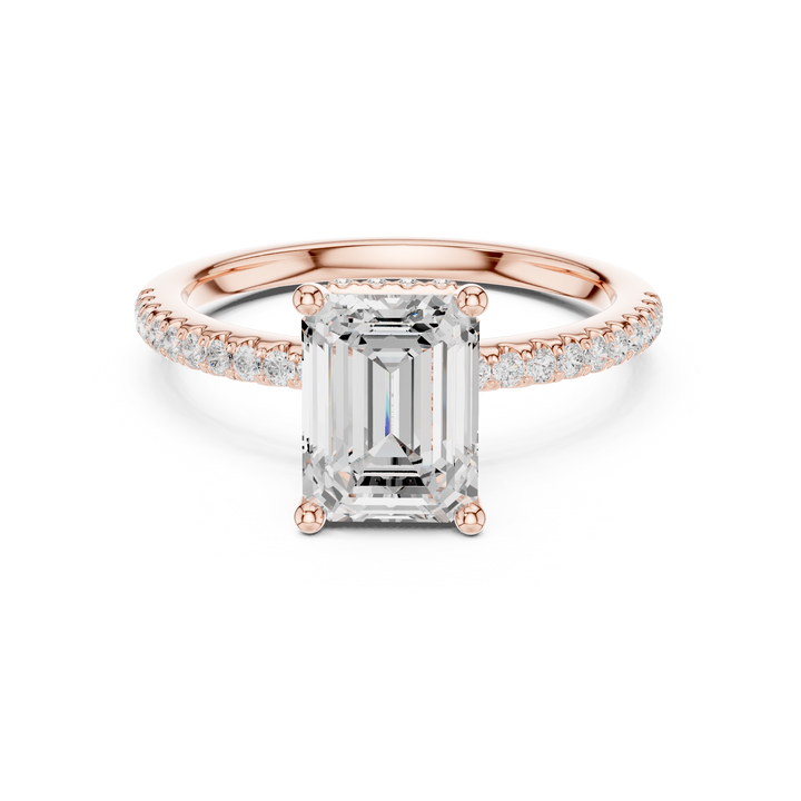Sparkling Emerald Cut Diamond Engagement Ring with Pavé Diamond Band close-up accent detail
