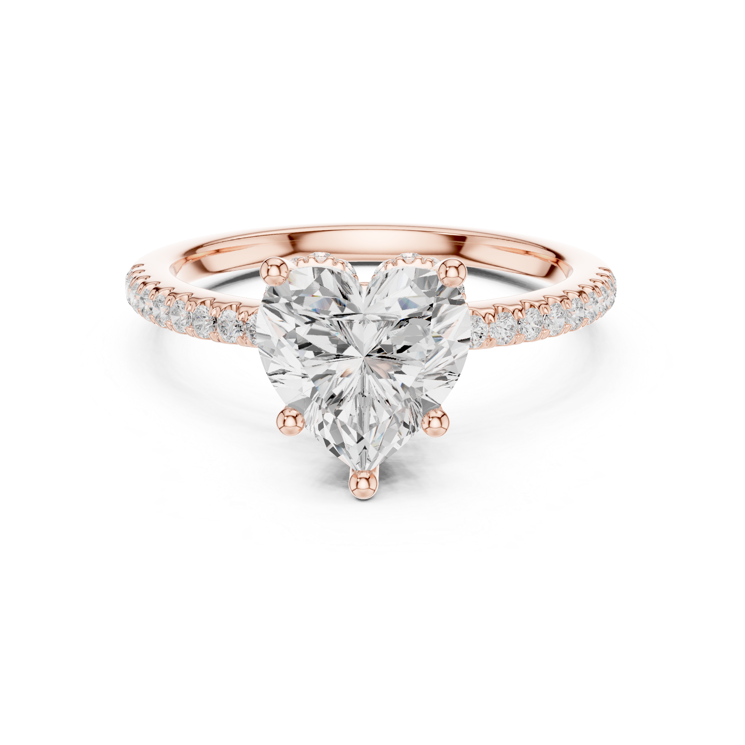 Sparkling Heart Cut Diamond Engagement Ring with Pavé Band close-up accent detail