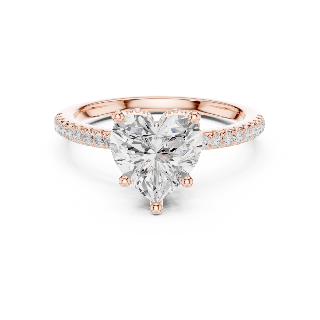Sparkling Heart Cut Diamond Engagement Ring with Pavé Band close-up accent detail