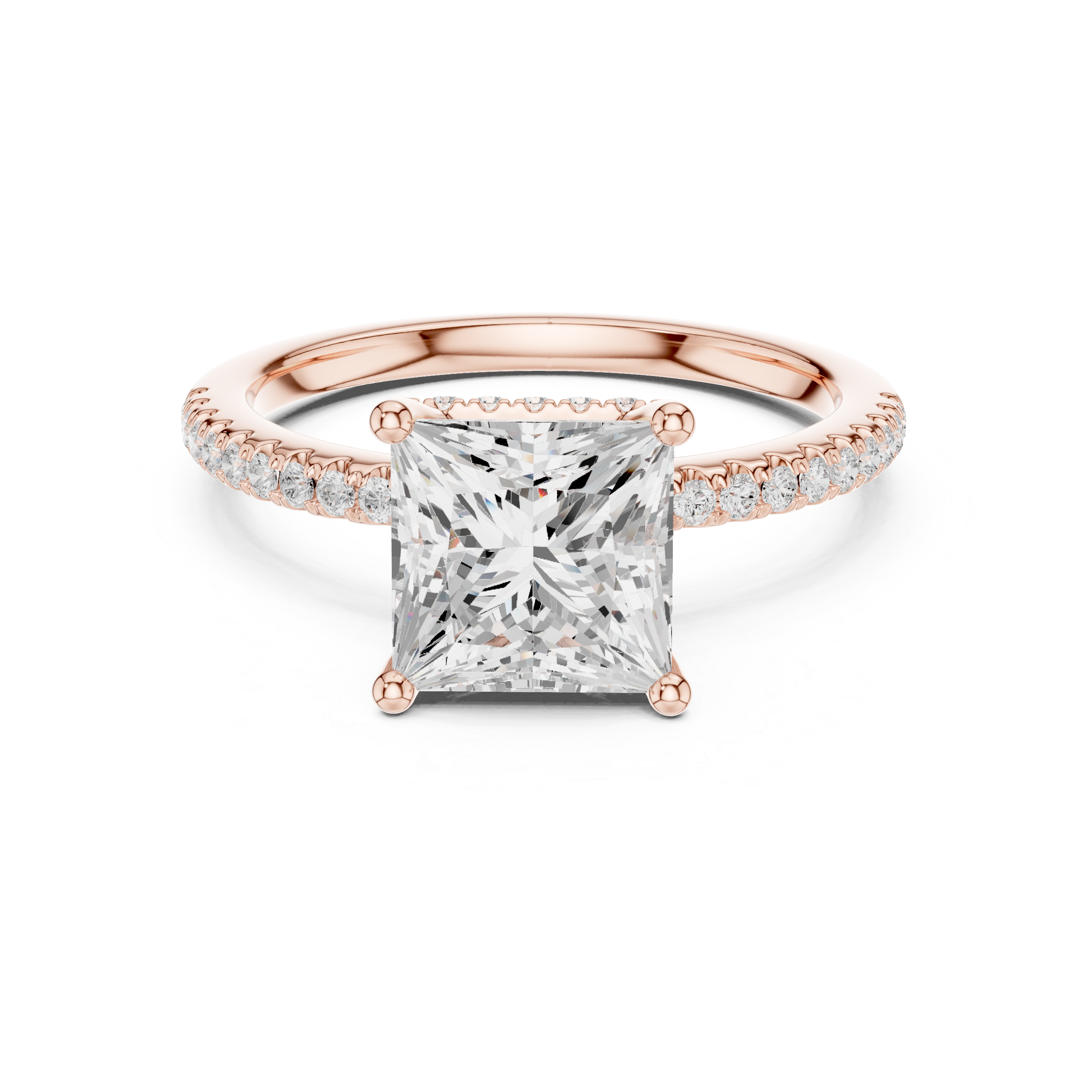 Sparkling Princess Cut Diamond Engagement Ring with Pavé Diamond Band close-up accent detail