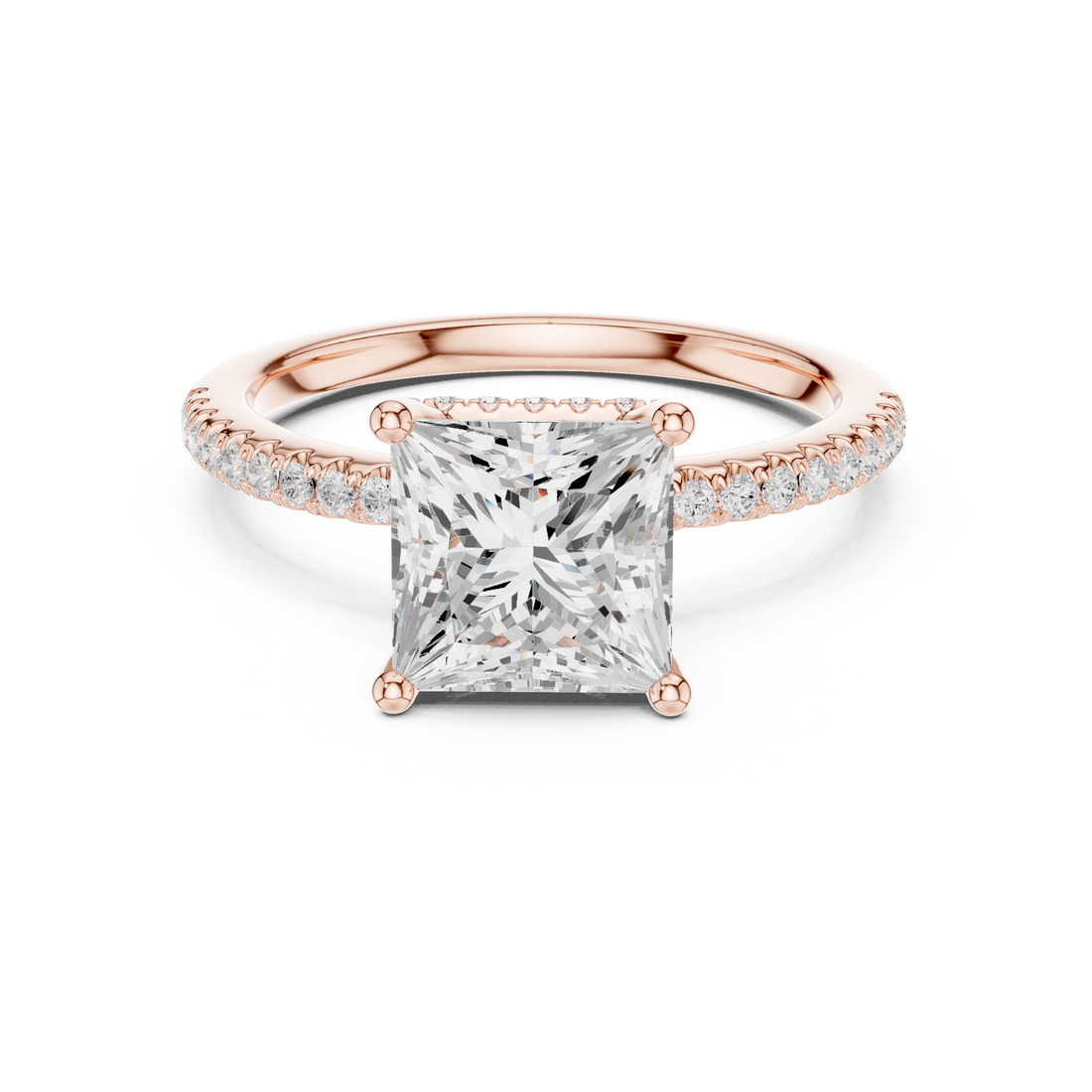 Sparkling Princess Cut Diamond Engagement Ring with Pavé Diamond Band close-up accent detail