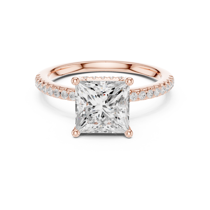 Sparkling Princess Cut Diamond Engagement Ring with Pavé Diamond Band close-up accent detail