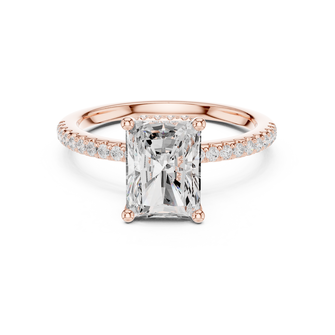 Sparkling Radiant Cut Diamond Pavé Side Stone Engagement Ring close-up accent detail