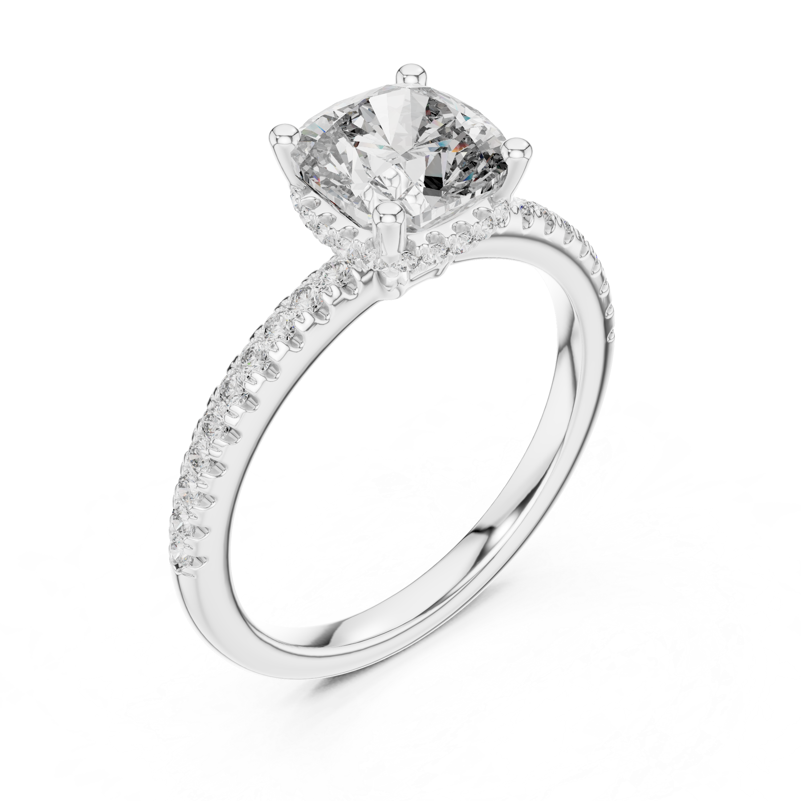 Cushion Cut Diamond Solitaire Engagement Ring with Pavé Side Stones