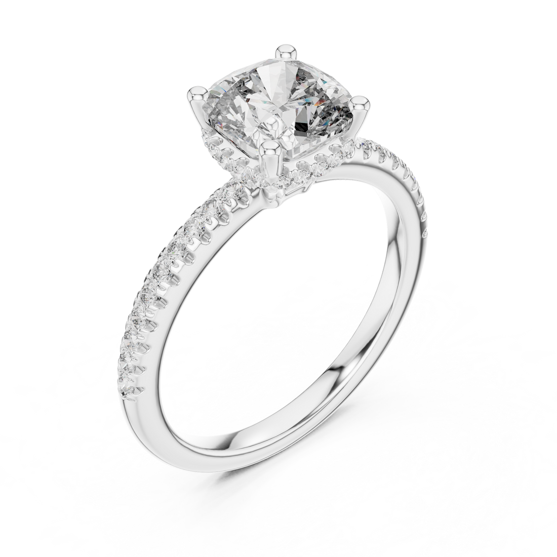 Cushion Cut Diamond Solitaire Engagement Ring with Pavé Side Stones