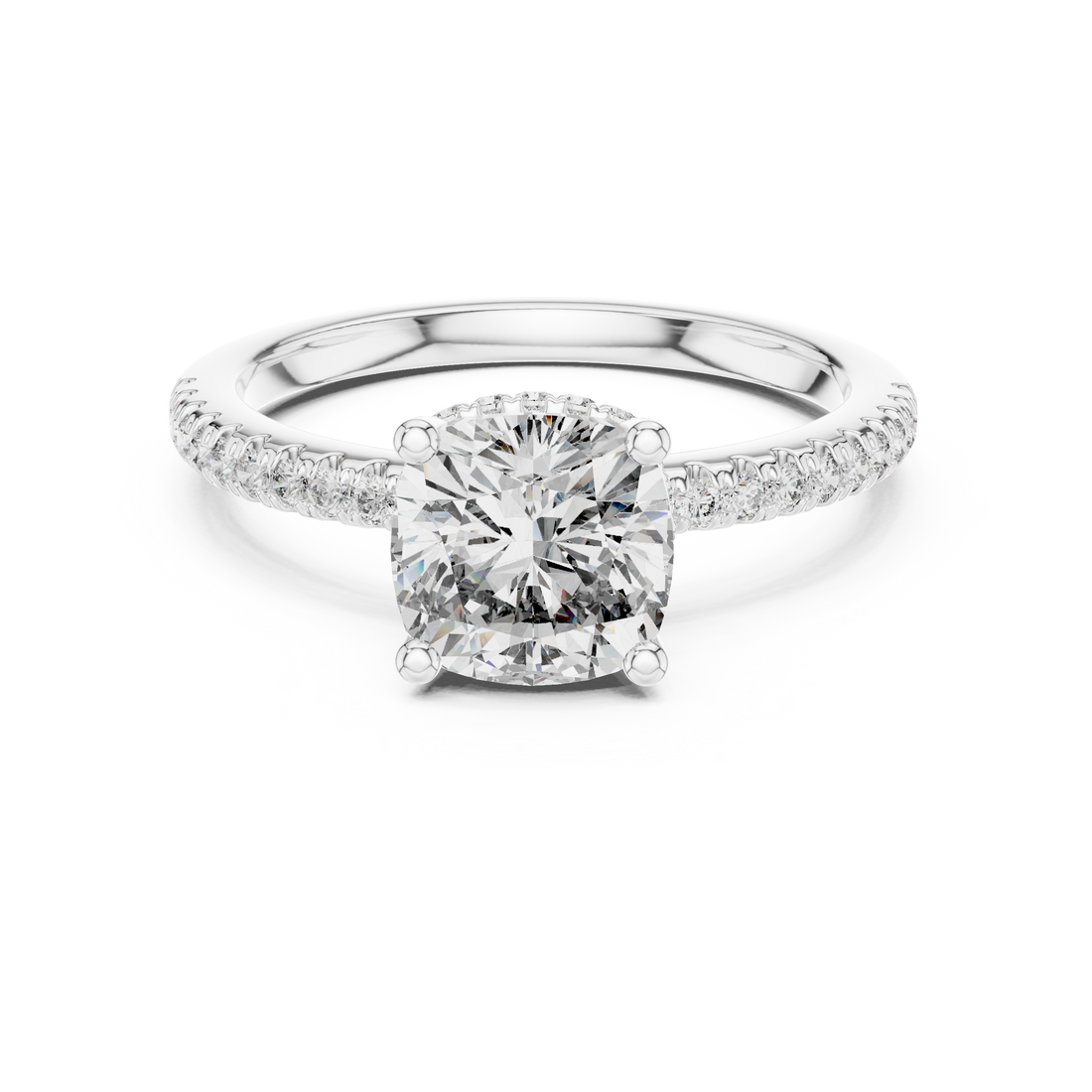 Cushion Cut Diamond Solitaire Engagement Ring with Pavé Side Stones