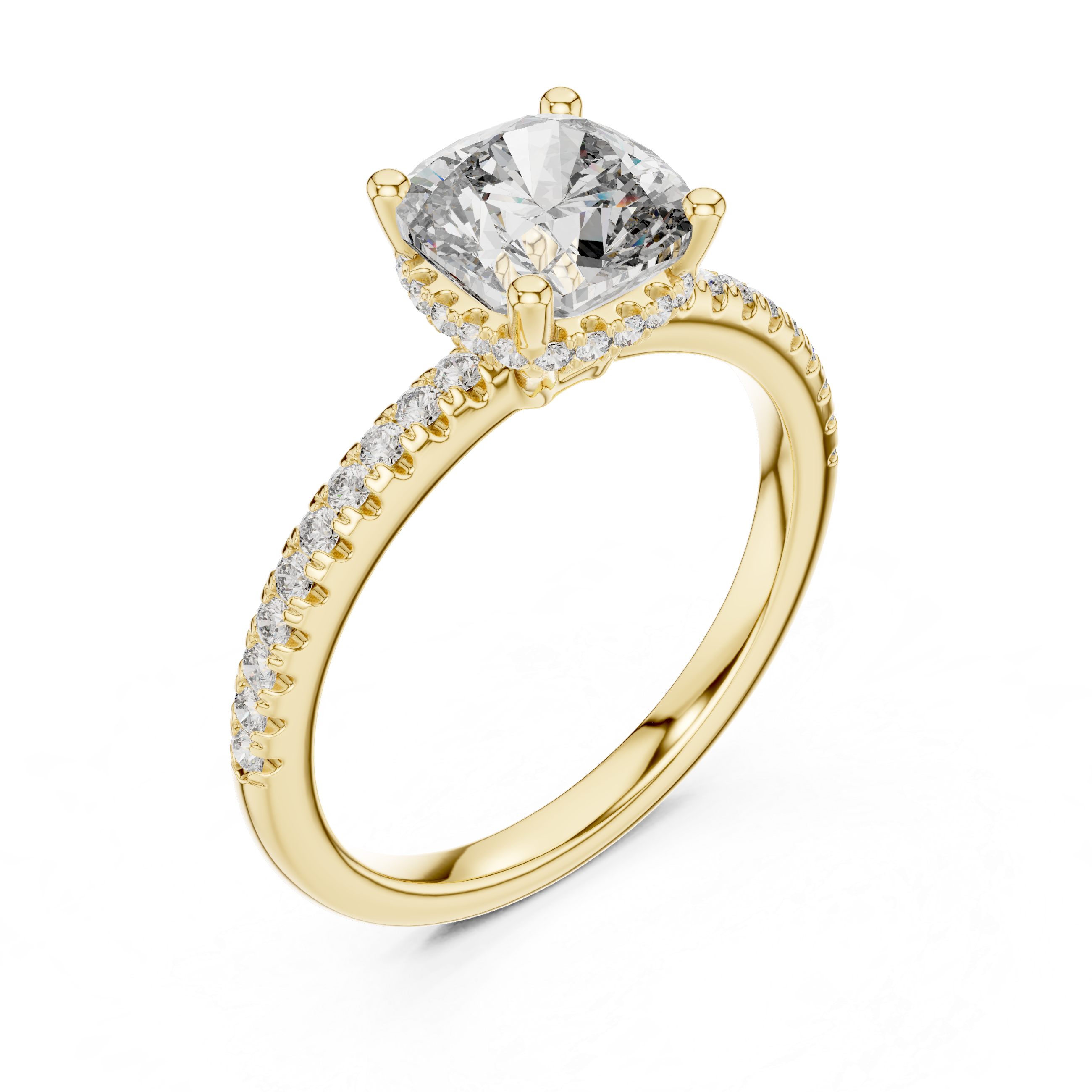Cushion Cut Diamond Solitaire Engagement Ring with Pavé Side Stones