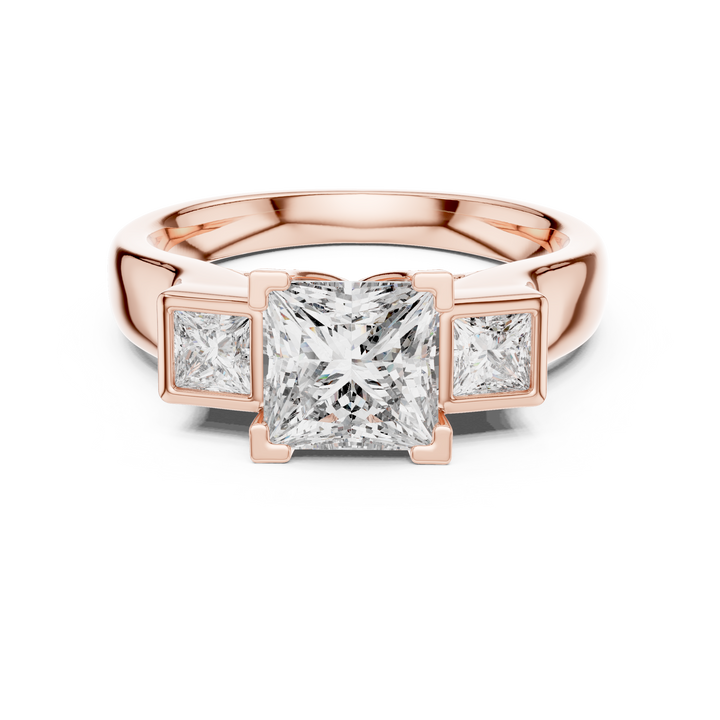 Princess Cut Diamond Three Stone Engagement Ring with Bezel Side Stones