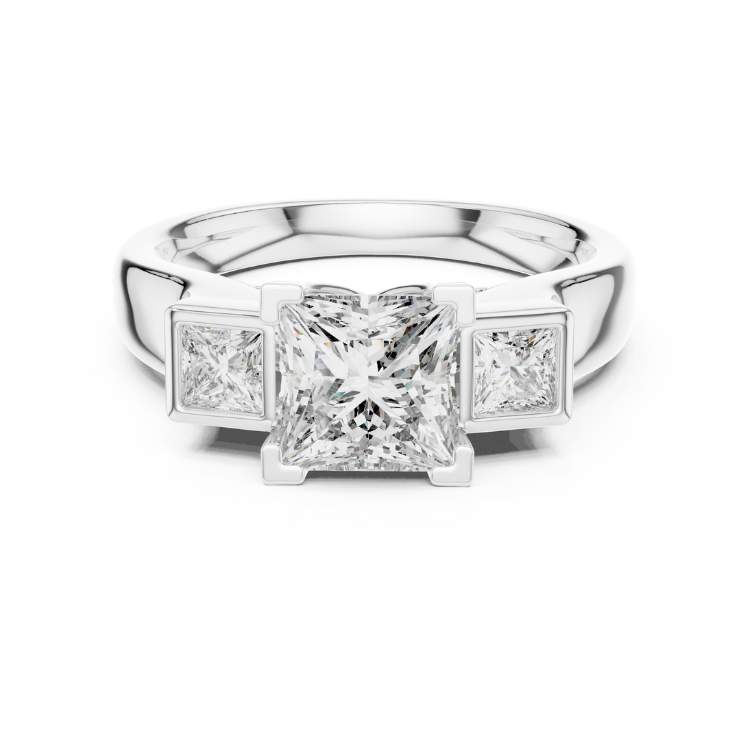 Princess Cut Diamond Three Stone Engagement Ring with Bezel Side Stones