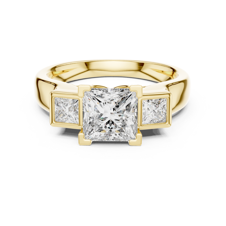 Princess Cut Diamond Three Stone Engagement Ring with Bezel Side Stones