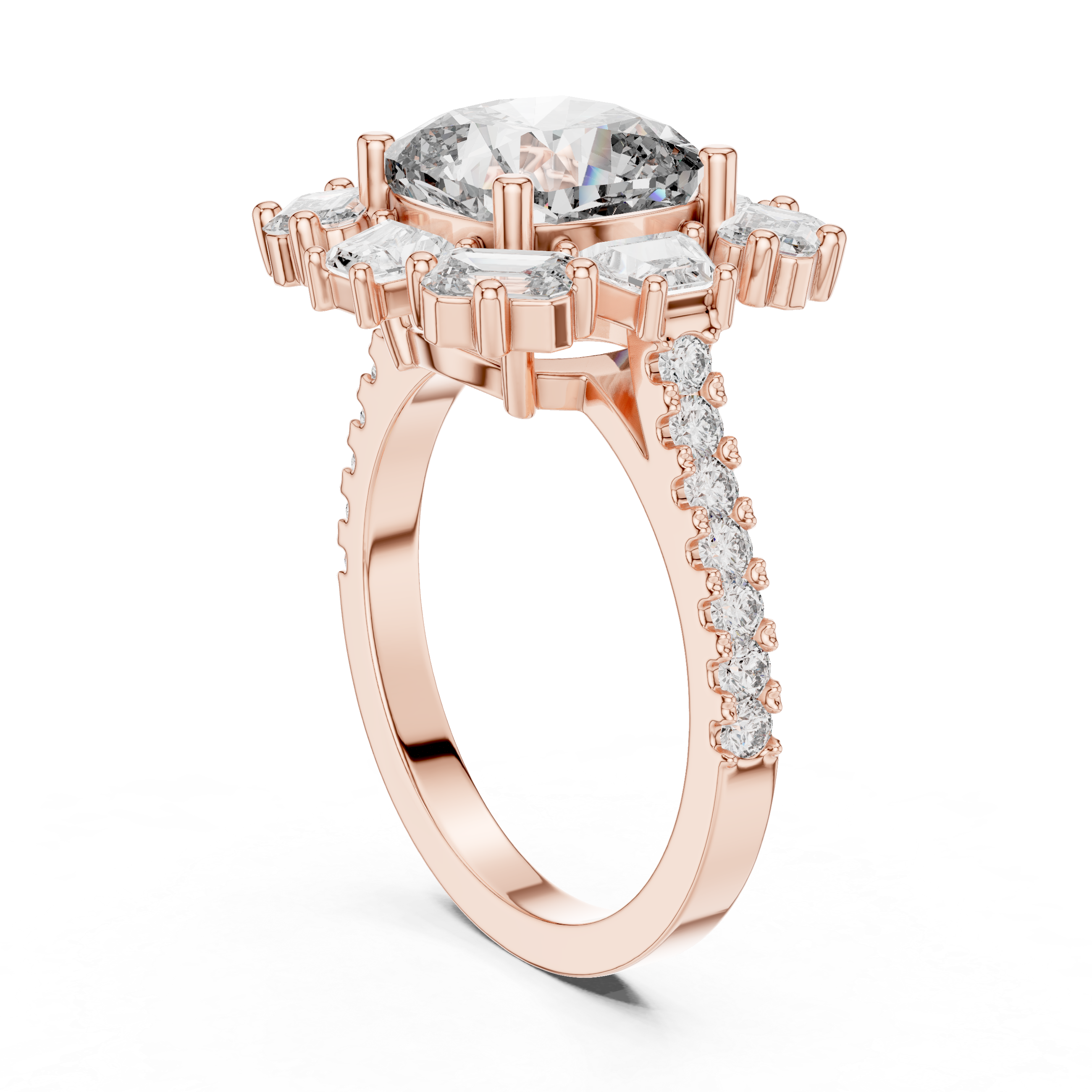 Cushion Cut Diamond Halo Ring with Emerald and Baguette Accents