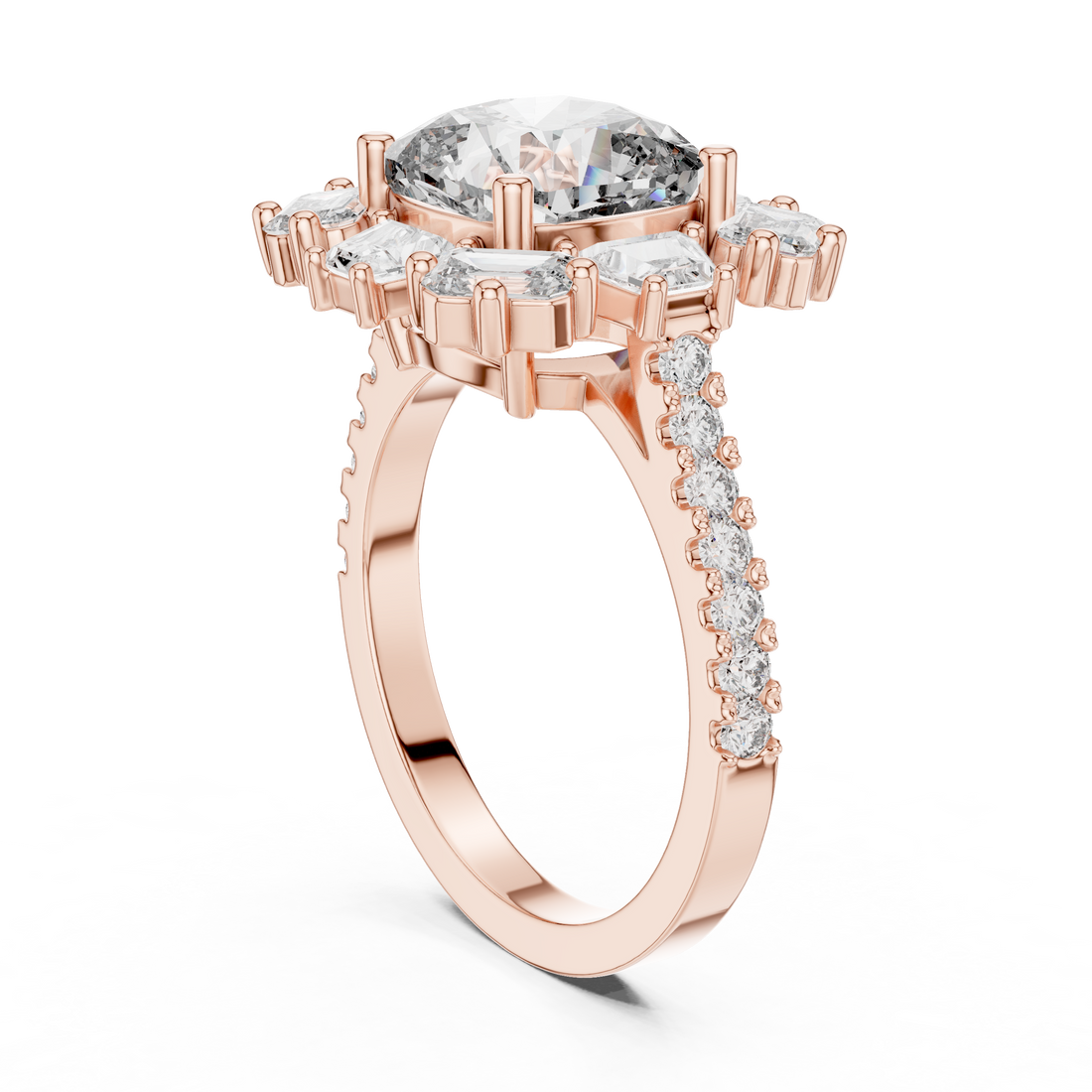 Cushion Cut Diamond Halo Ring with Emerald and Baguette Accents