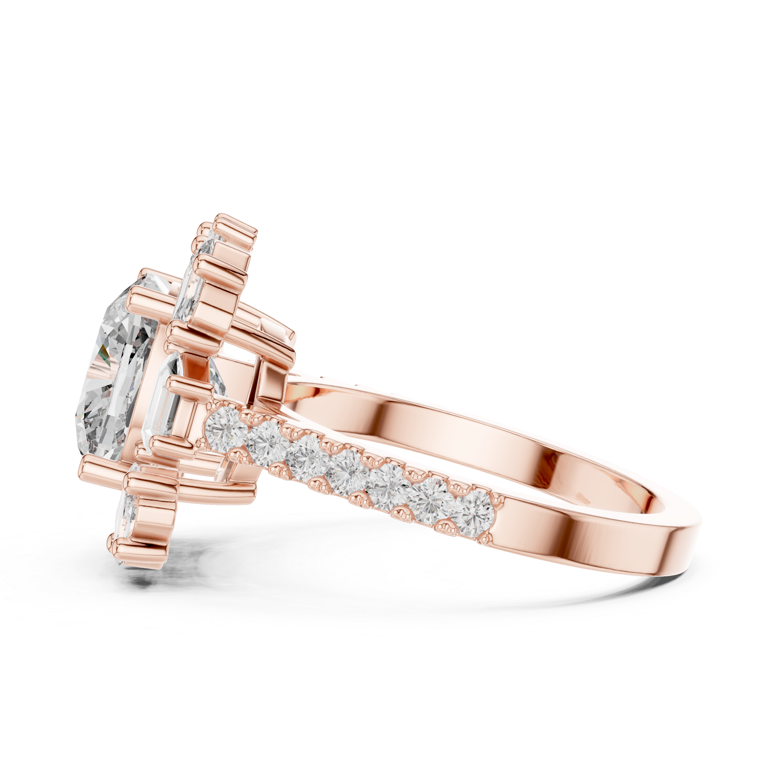 Cushion Cut Diamond Halo Ring with Emerald and Baguette Accents