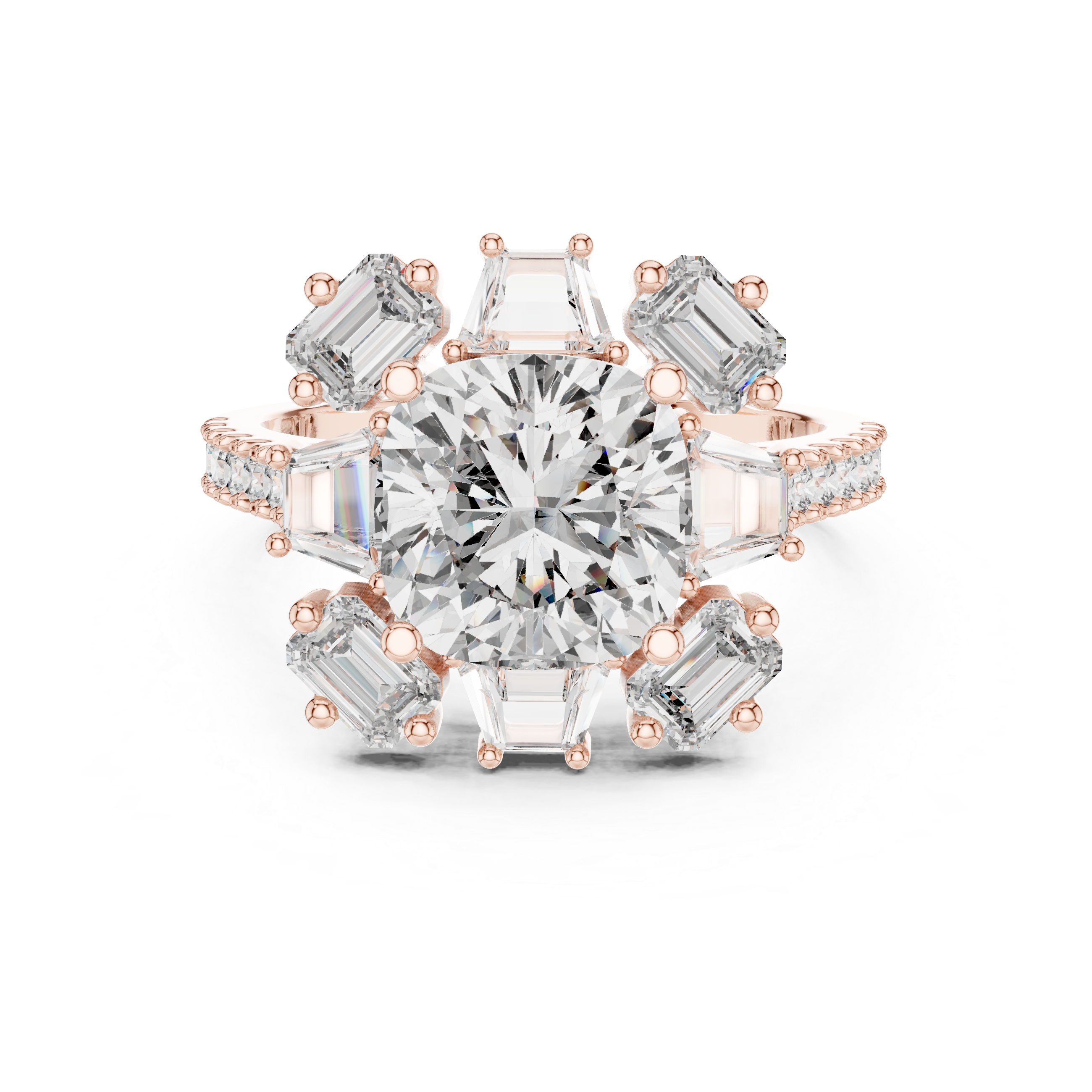 Cushion Cut Diamond Halo Ring with Emerald and Baguette Accents