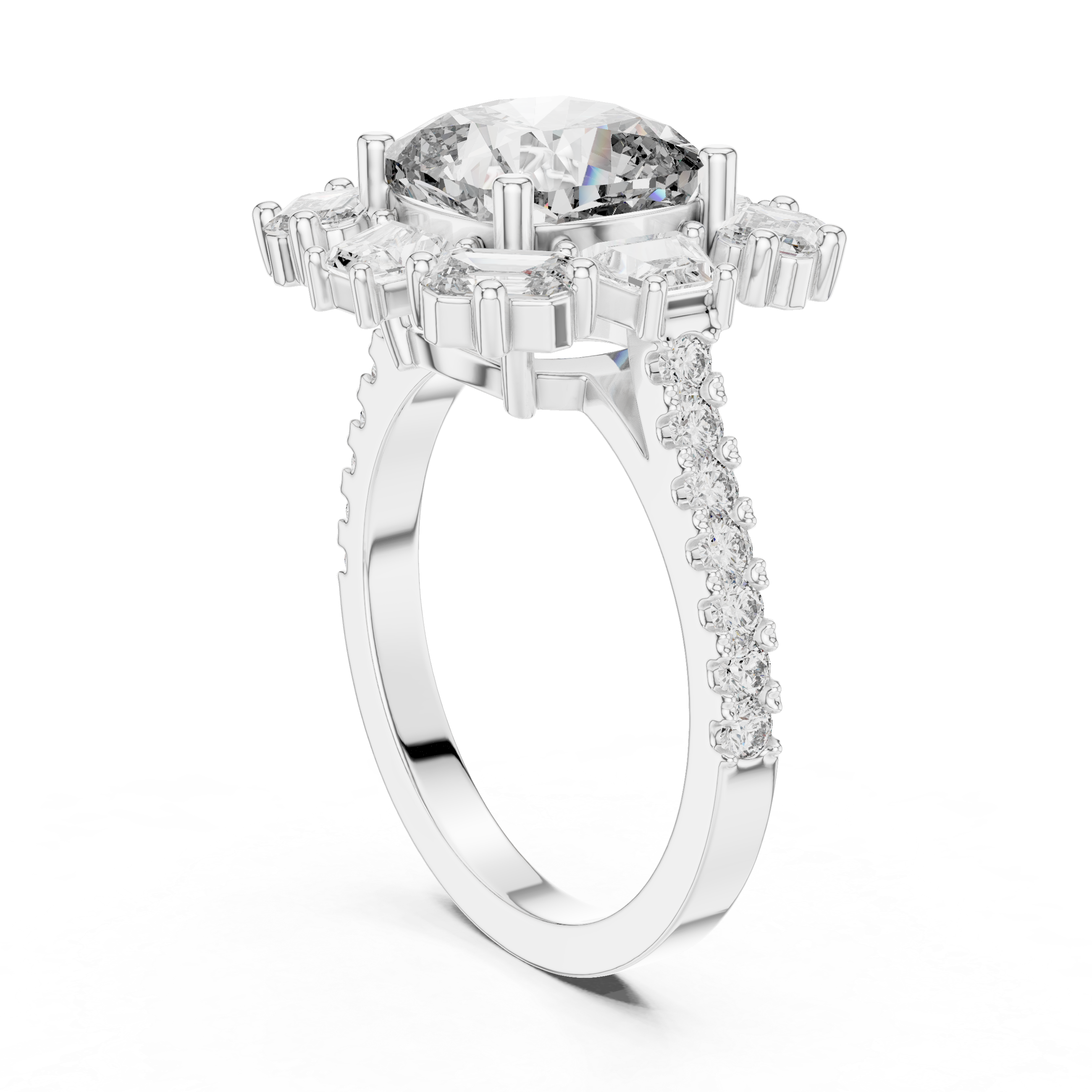 Cushion Cut Diamond Halo Ring with Emerald and Baguette Accents