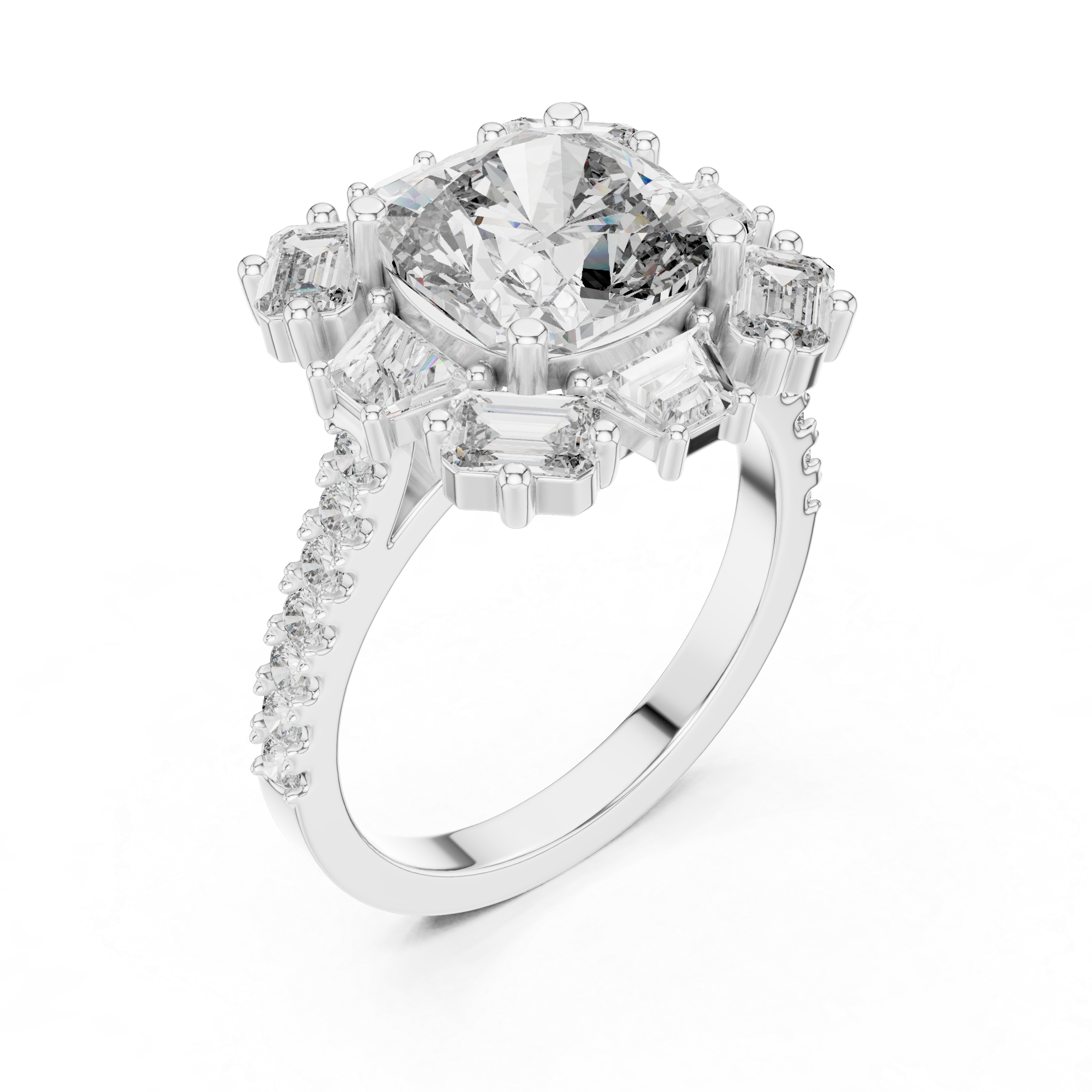 Cushion Cut Diamond Halo Ring with Emerald and Baguette Accents