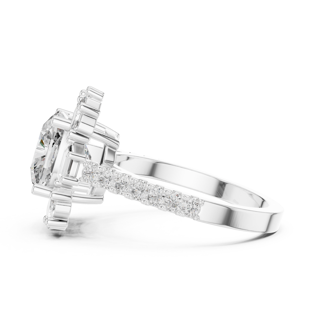 Cushion Cut Diamond Halo Ring with Emerald and Baguette Accents