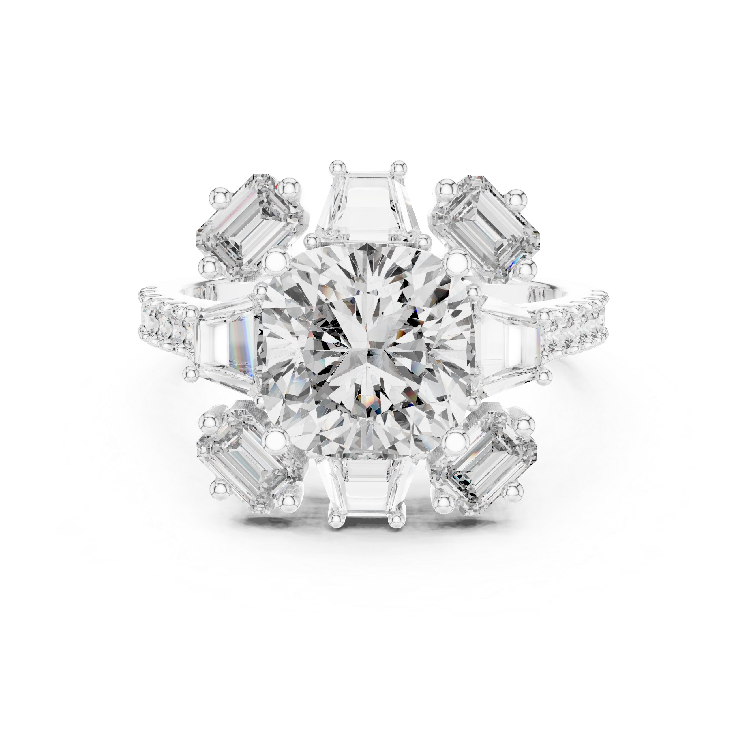 Cushion Cut Diamond Halo Ring with Emerald and Baguette Accents