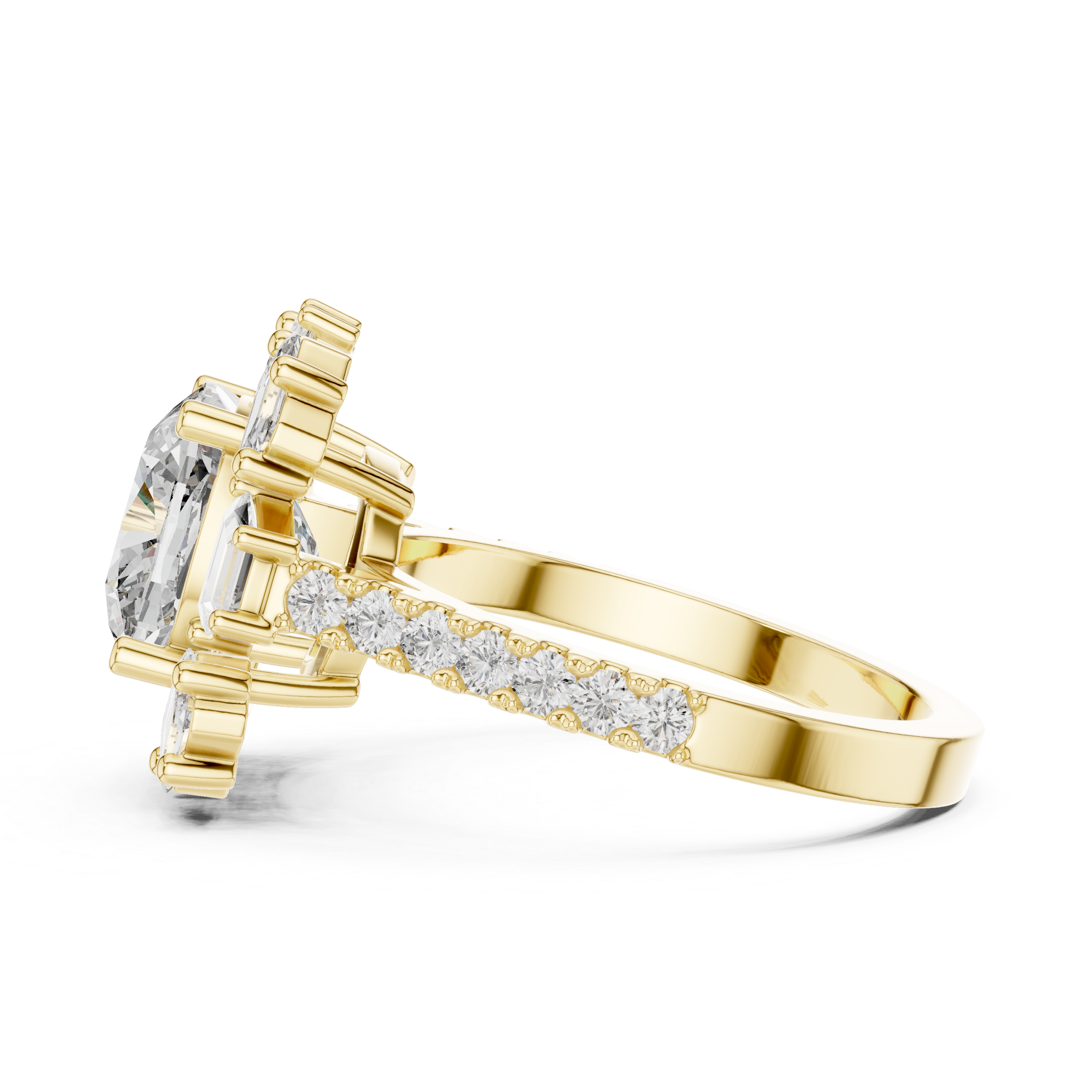 Cushion Cut Diamond Halo Ring with Emerald and Baguette Accents