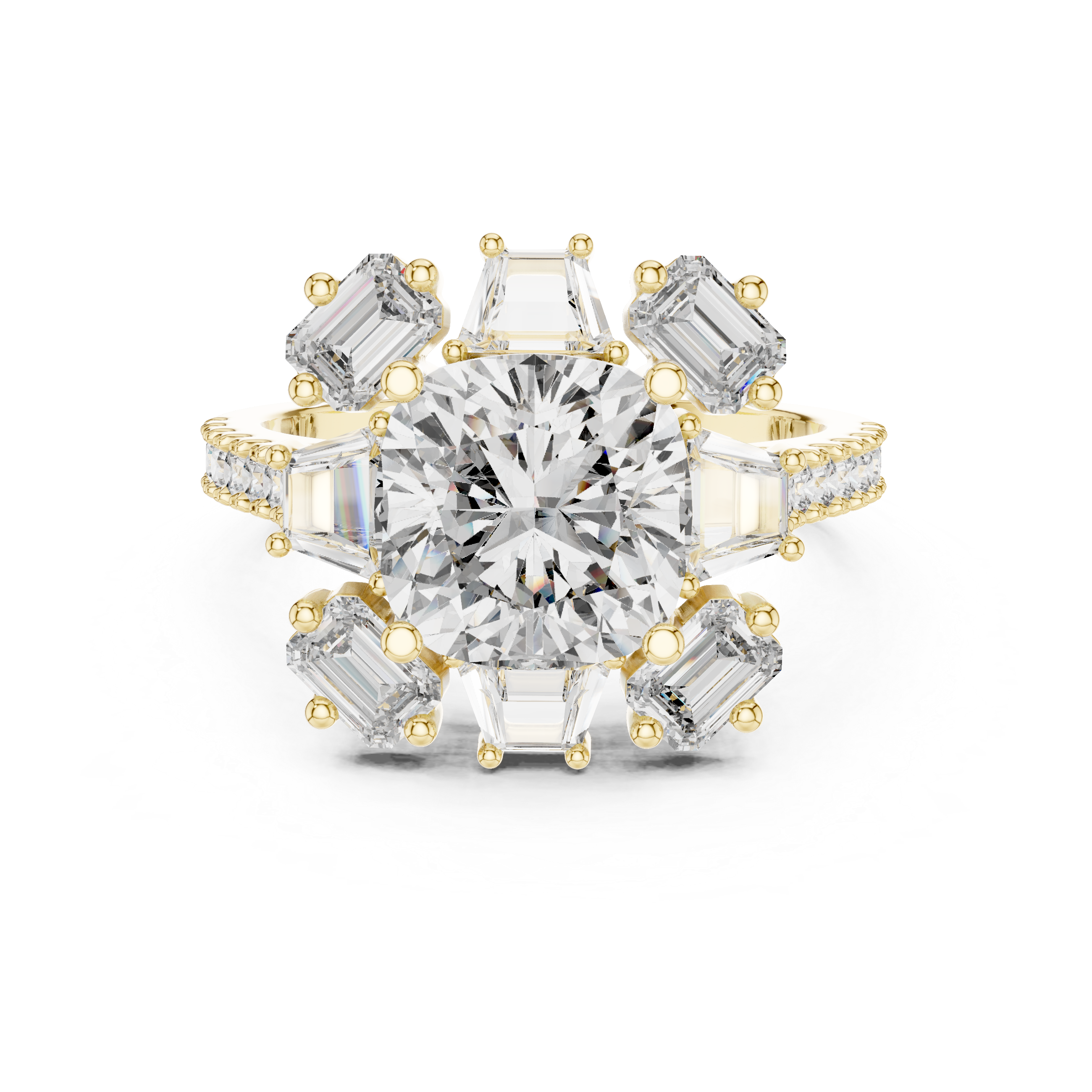 Cushion Cut Diamond Halo Ring with Emerald and Baguette Accents