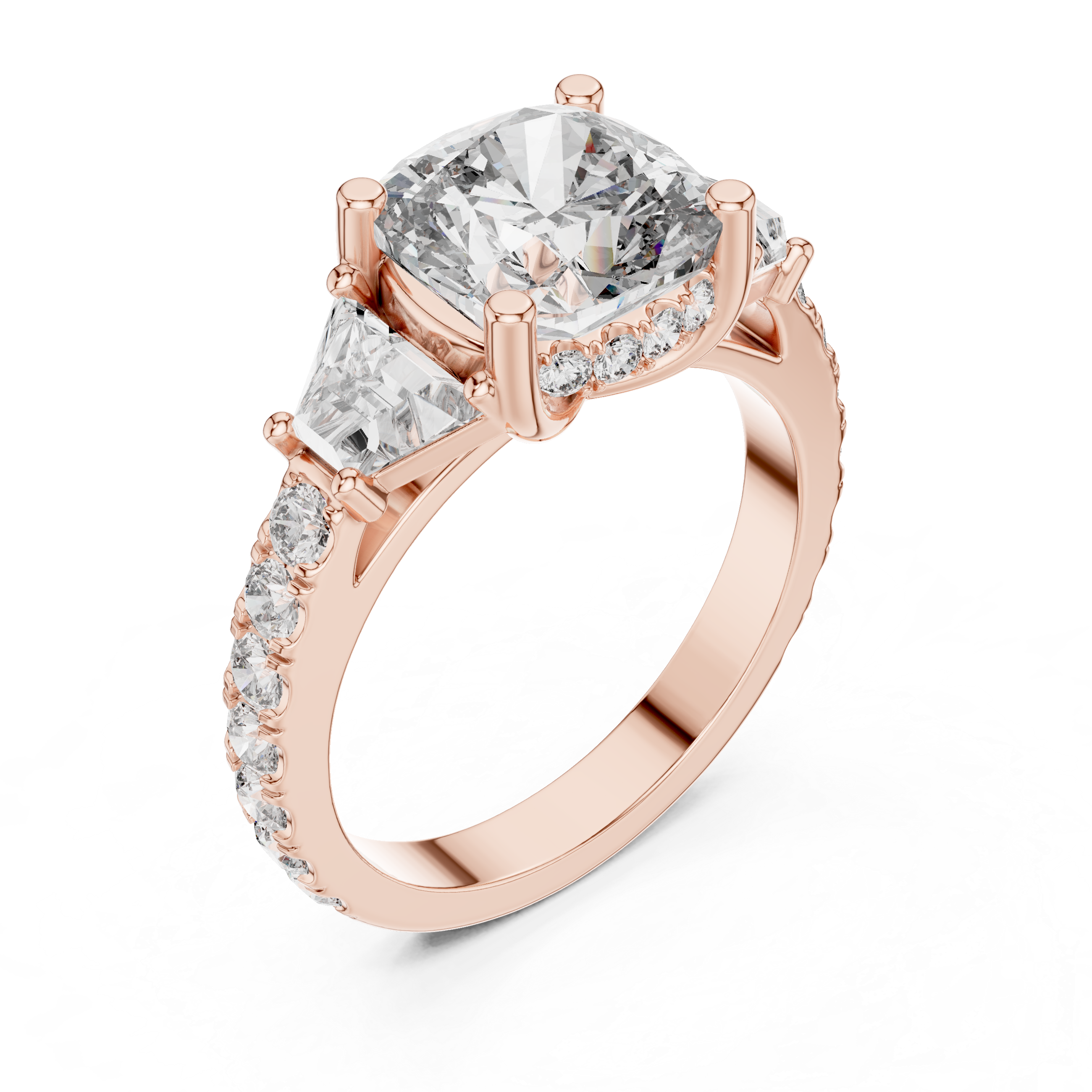 Cushion Square Diamond Three Stone Ring with Baguette Accents