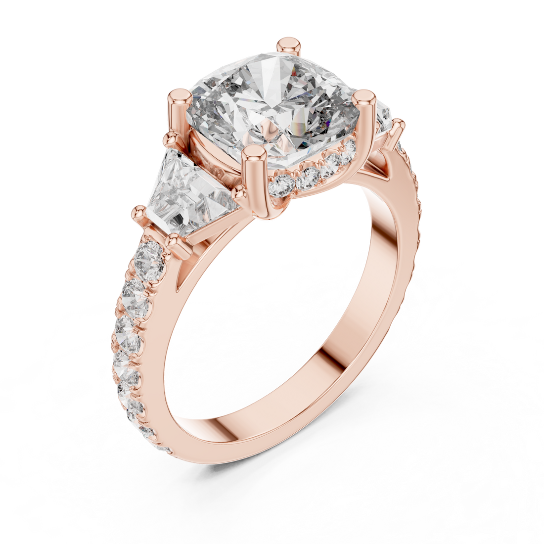 Cushion Square Diamond Three Stone Ring with Baguette Accents