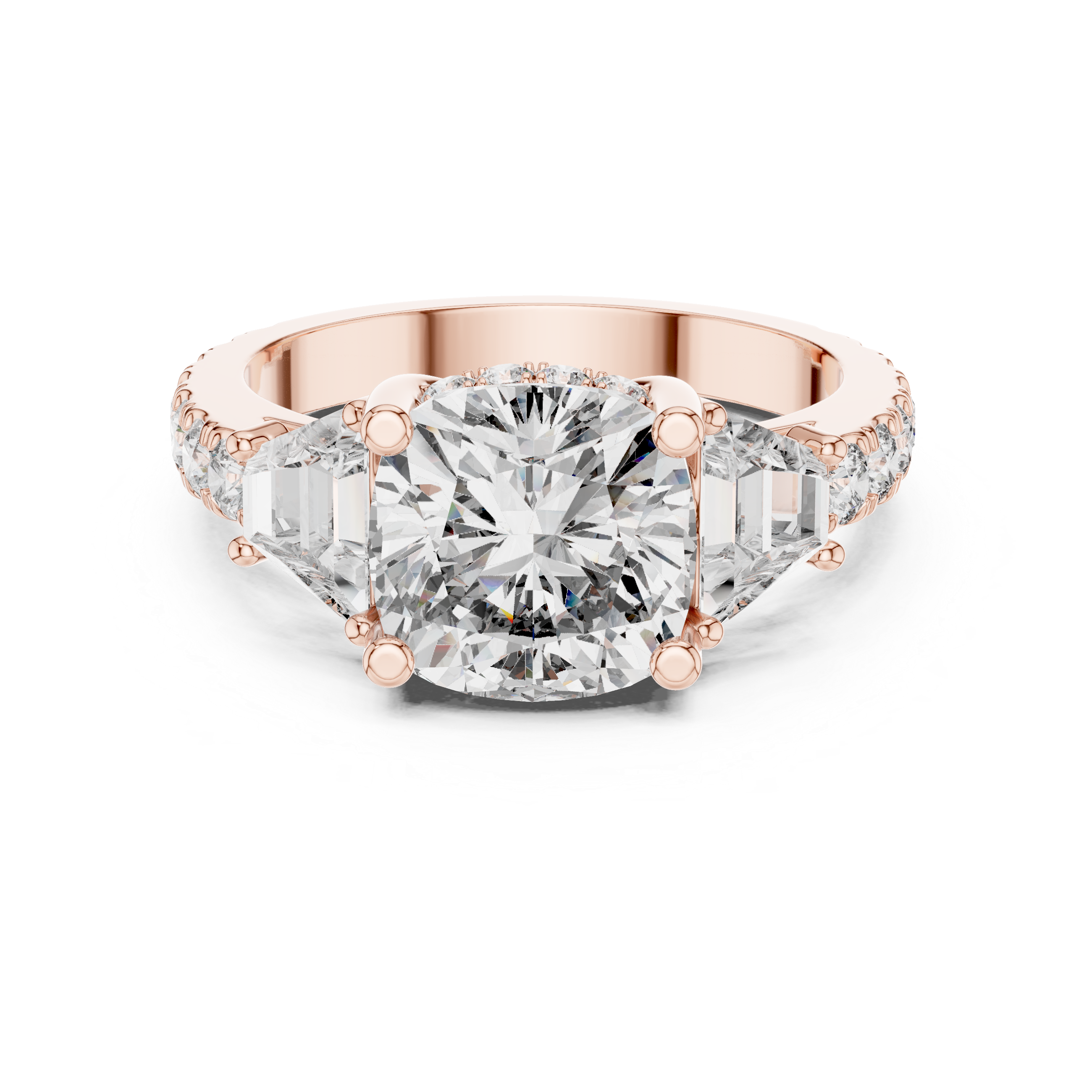 Cushion Square Diamond Three Stone Ring with Baguette Accents