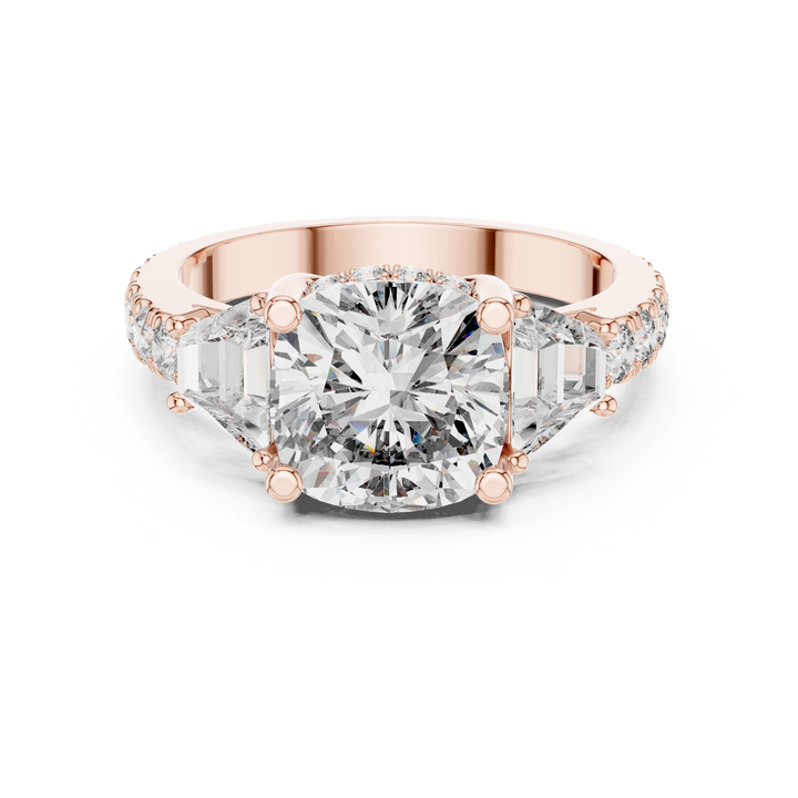 Cushion Square Diamond Three Stone Ring with Baguette Accents