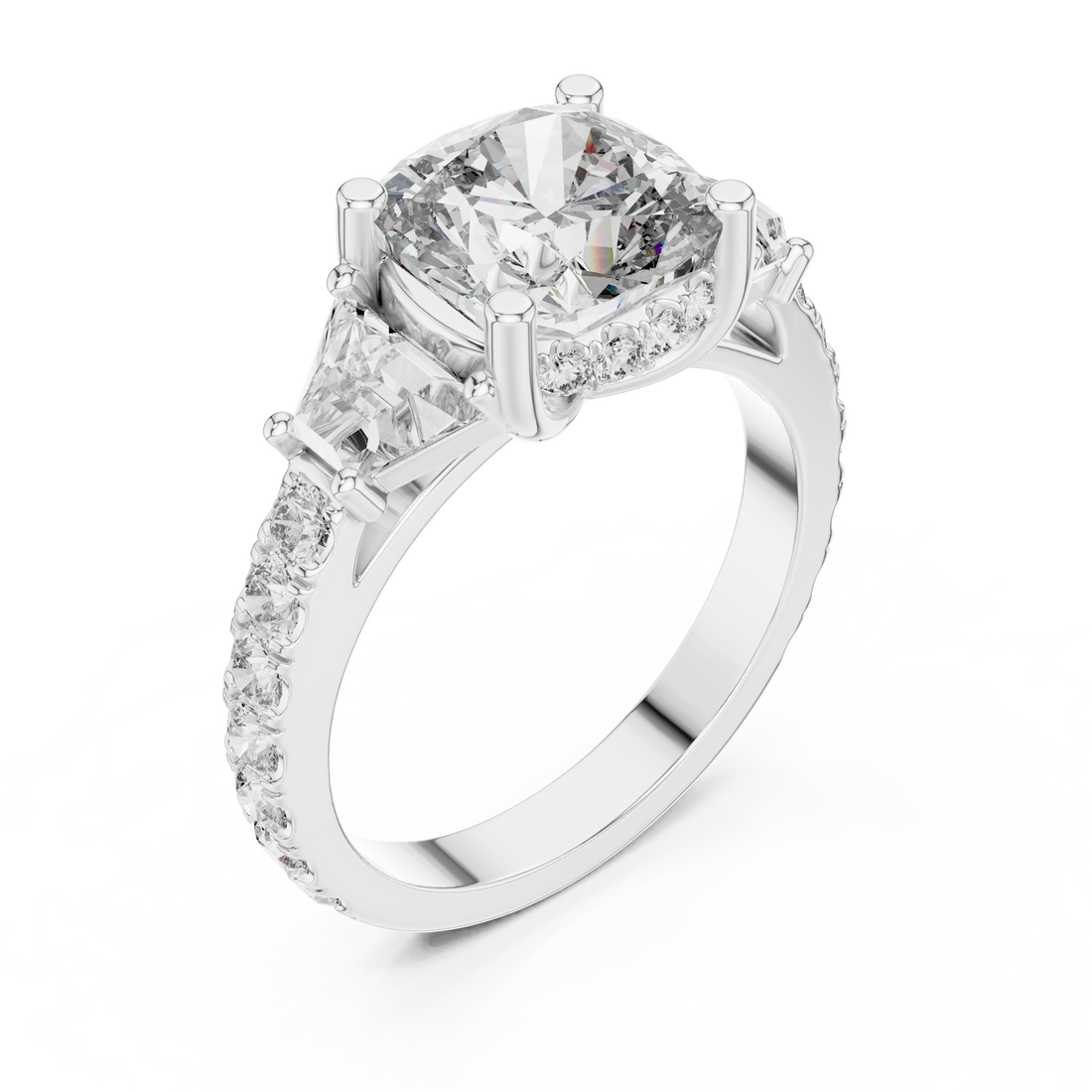 Cushion Square Diamond Three Stone Ring with Baguette Accents