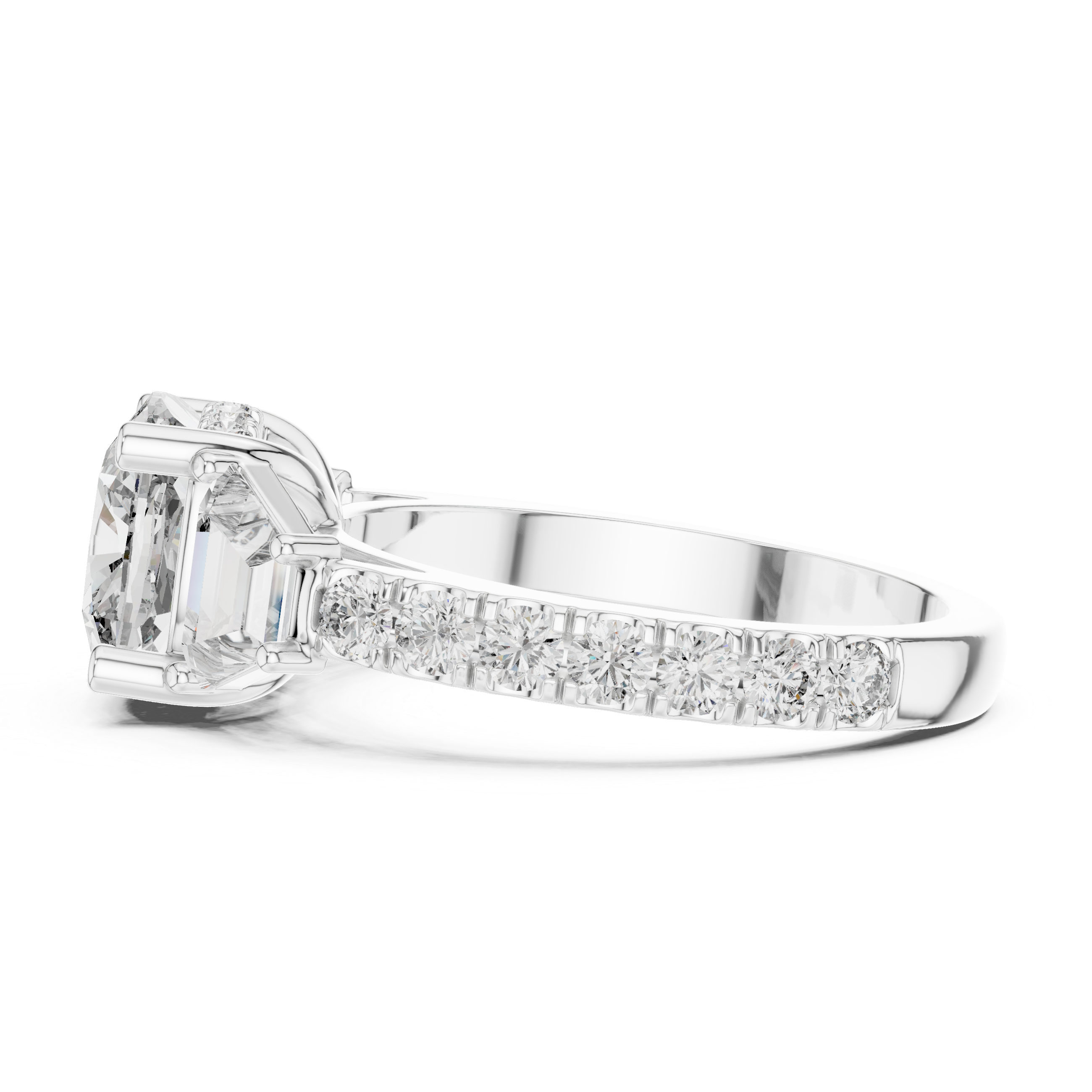 Cushion Square Diamond Three Stone Ring with Baguette Accents