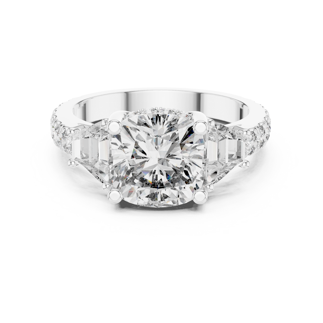 Cushion Square Diamond Three Stone Ring with Baguette Accents