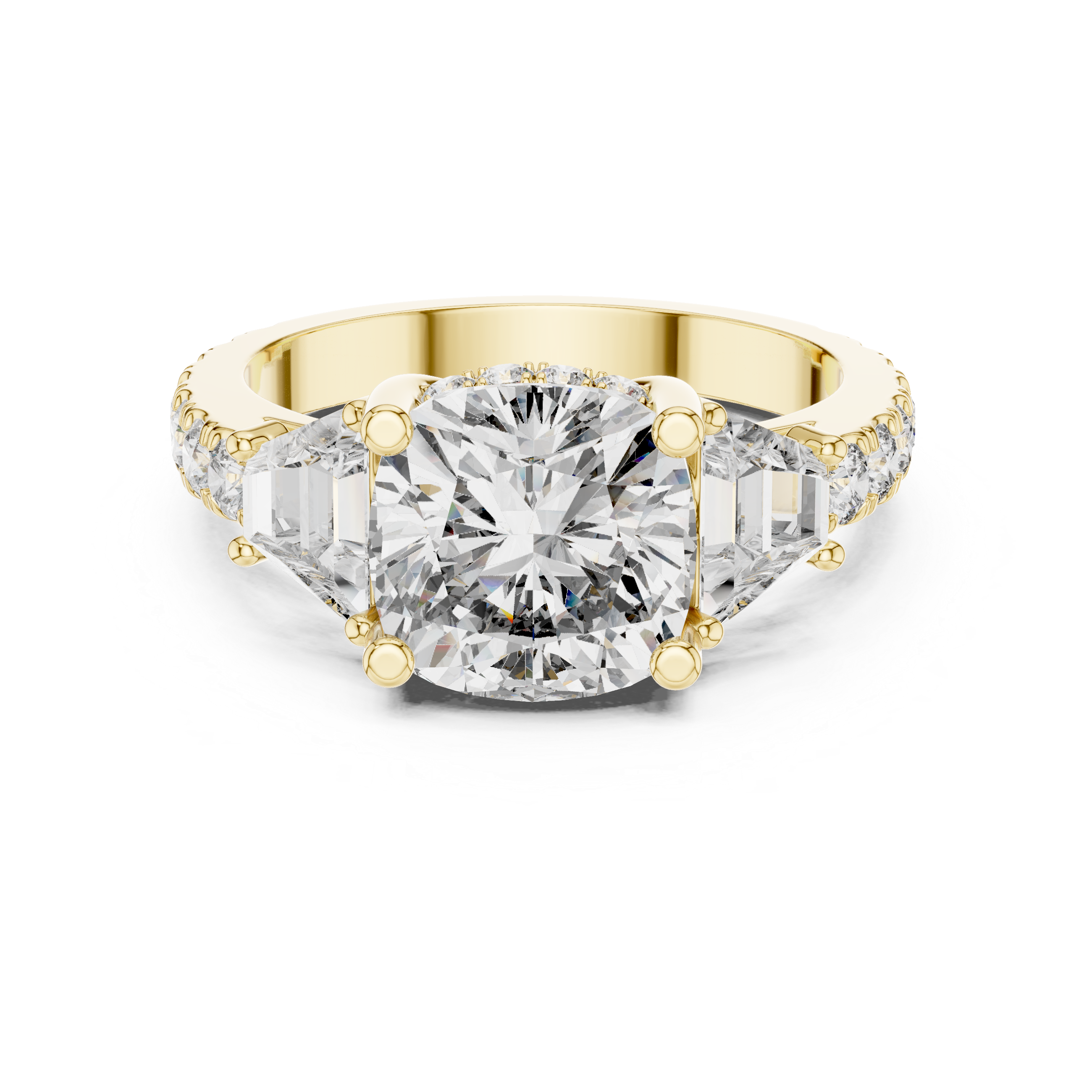 Cushion Square Diamond Three Stone Ring with Baguette Accents