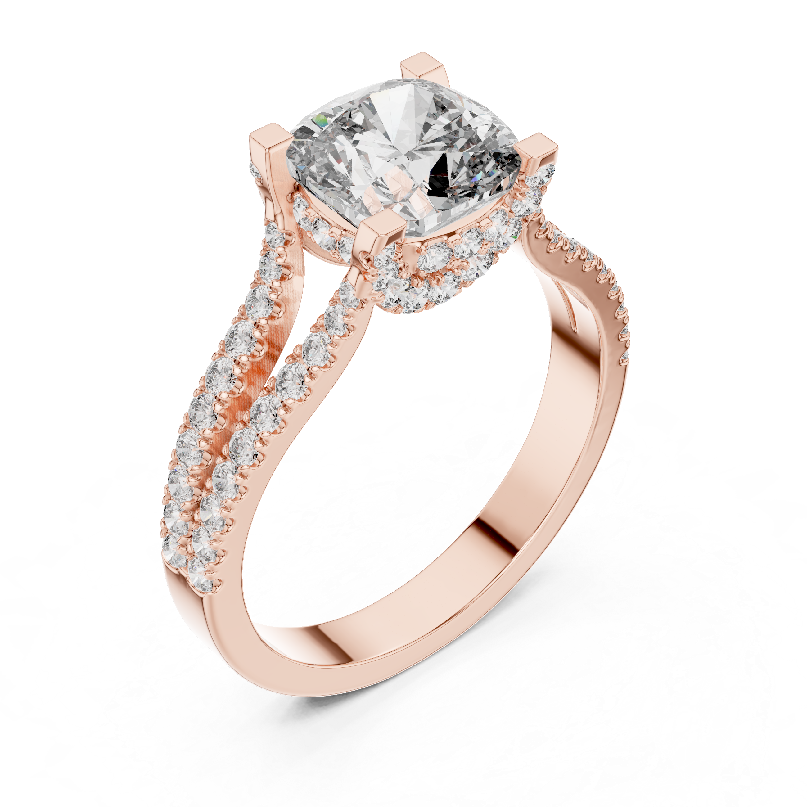 Cushion Cut Diamond Split Shank Ring with Pavé Band