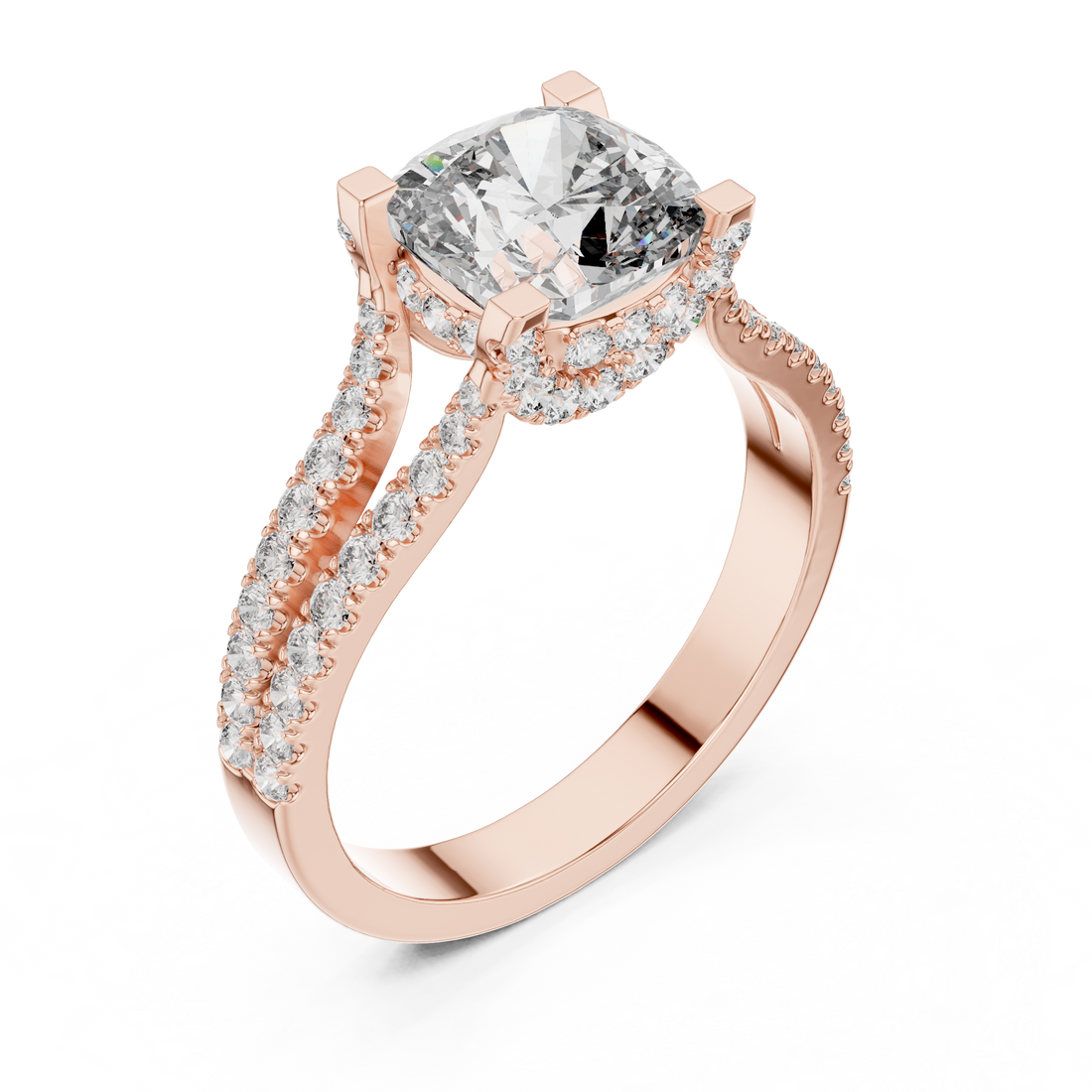 Cushion Cut Diamond Split Shank Ring with Pavé Band