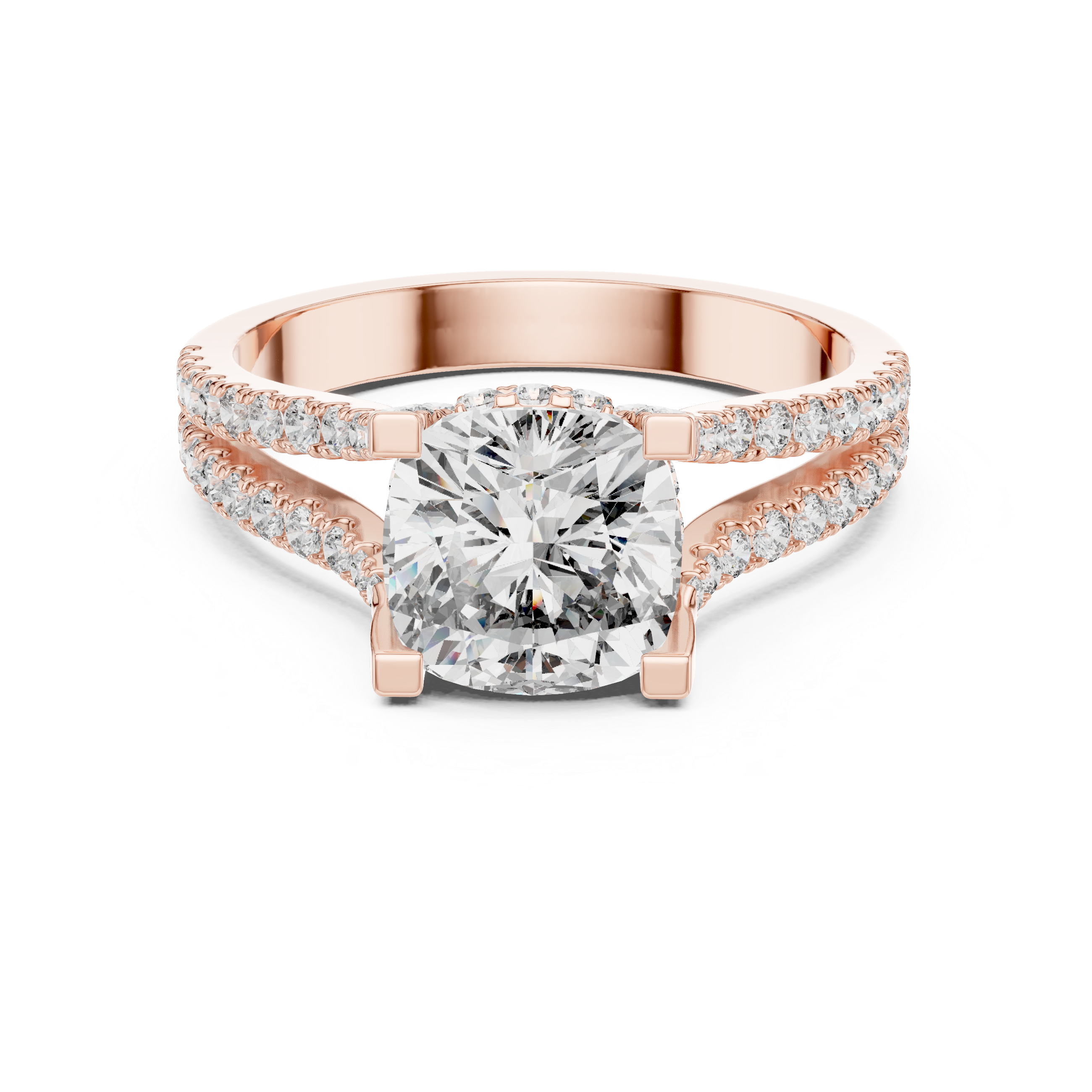 Cushion Cut Diamond Split Shank Ring with Pavé Band
