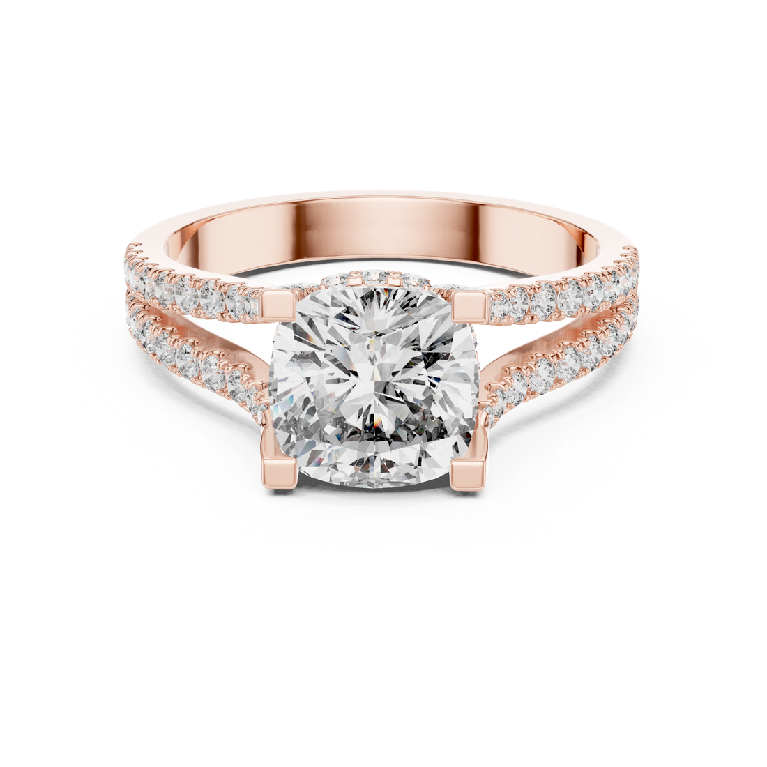 Cushion Cut Diamond Split Shank Ring with Pavé Band