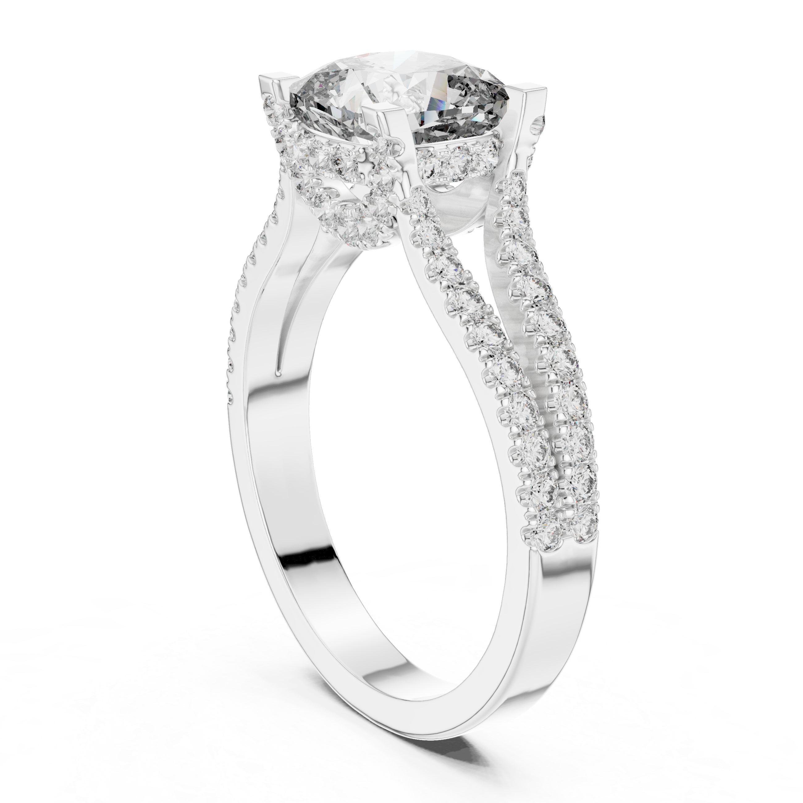 Cushion Cut Diamond Split Shank Ring with Pavé Band