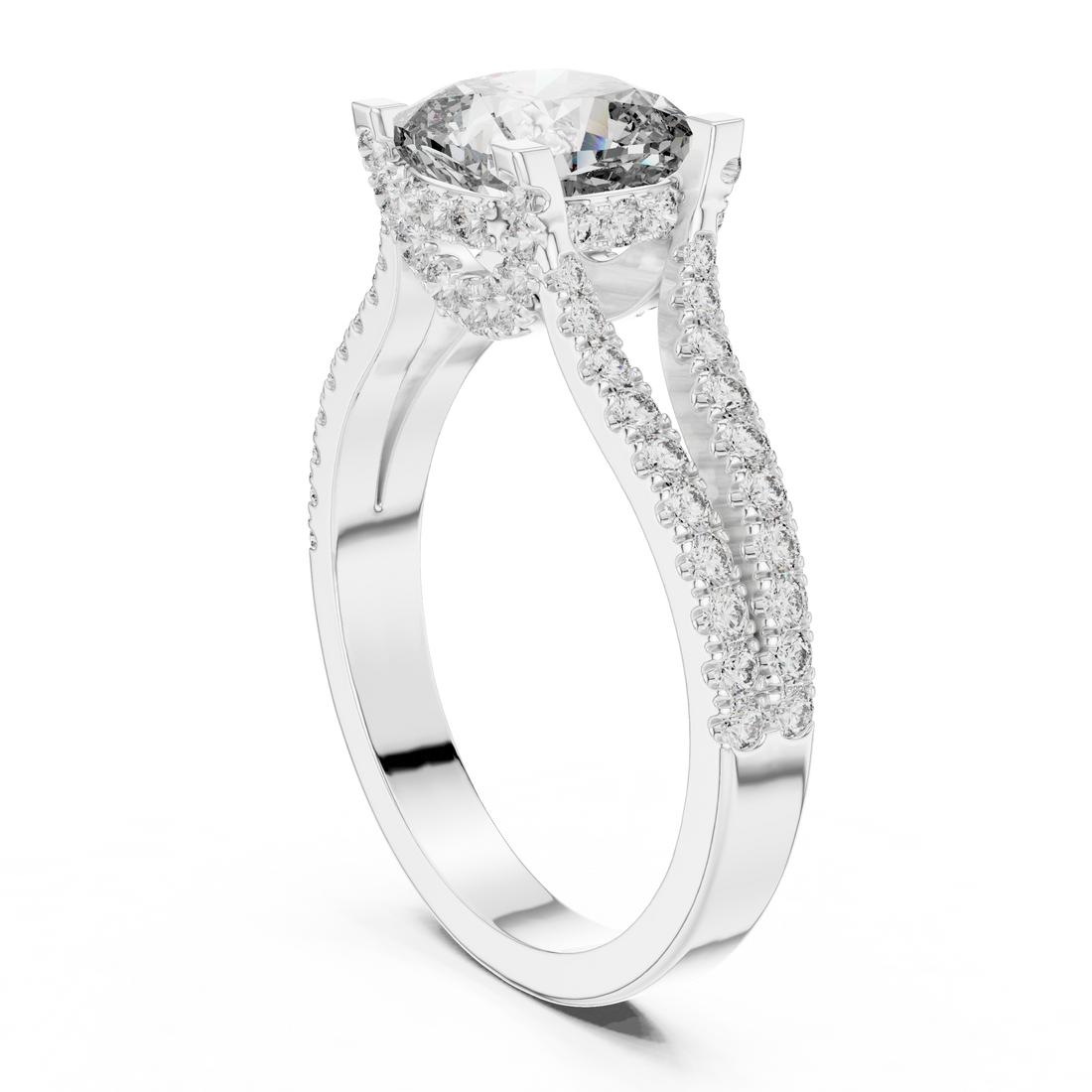 Cushion Cut Diamond Split Shank Ring with Pavé Band