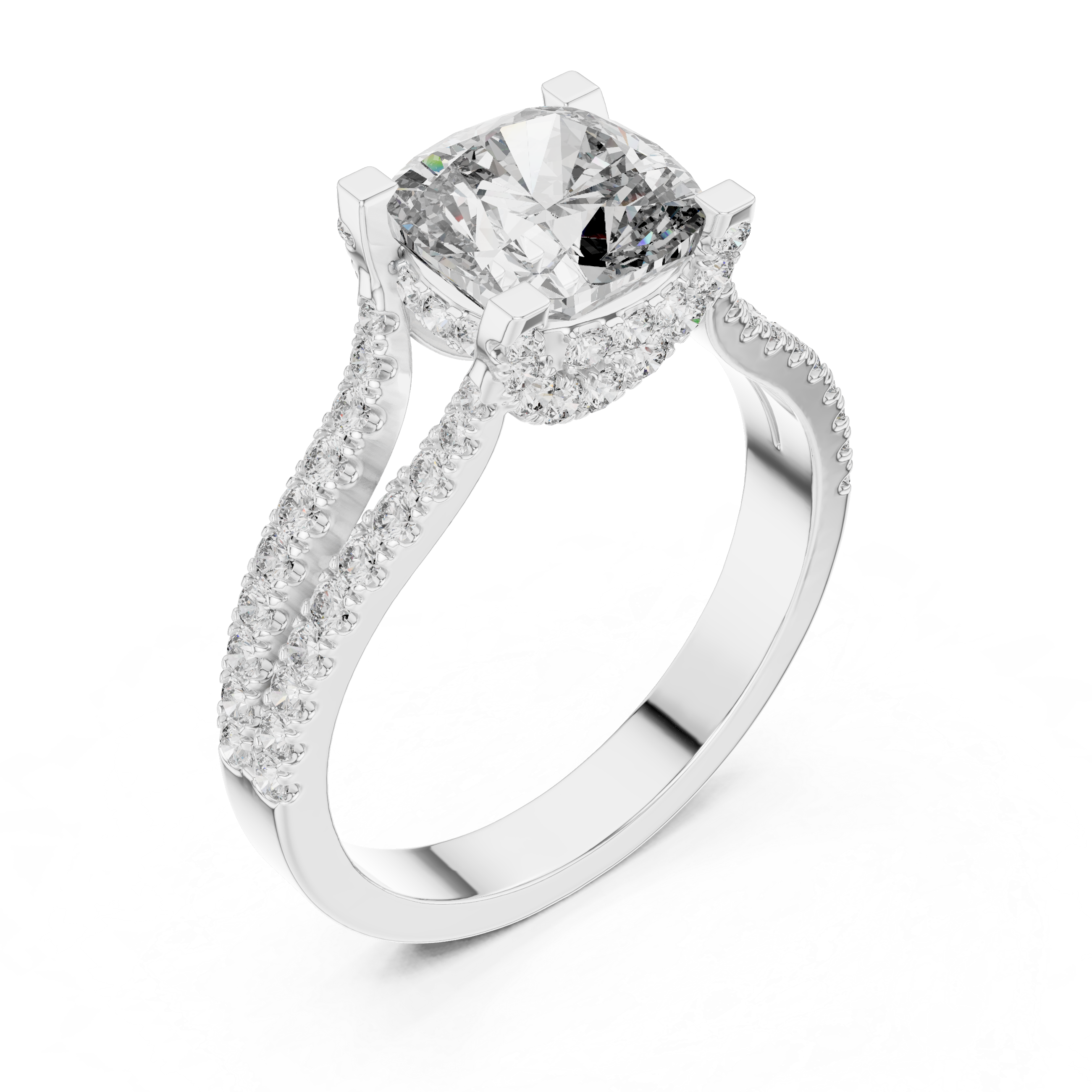 Cushion Cut Diamond Split Shank Ring with Pavé Band