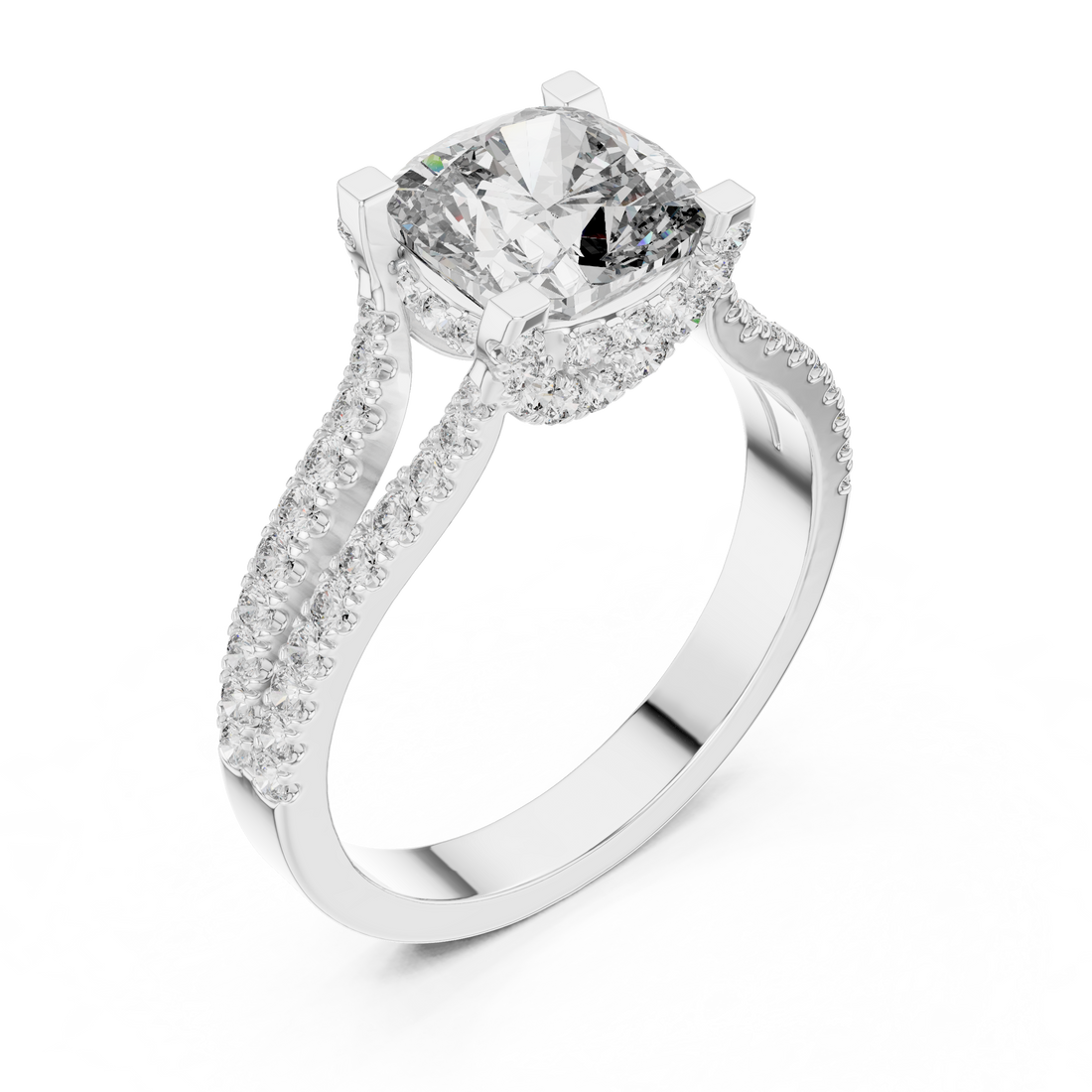 Cushion Cut Diamond Split Shank Ring with Pavé Band