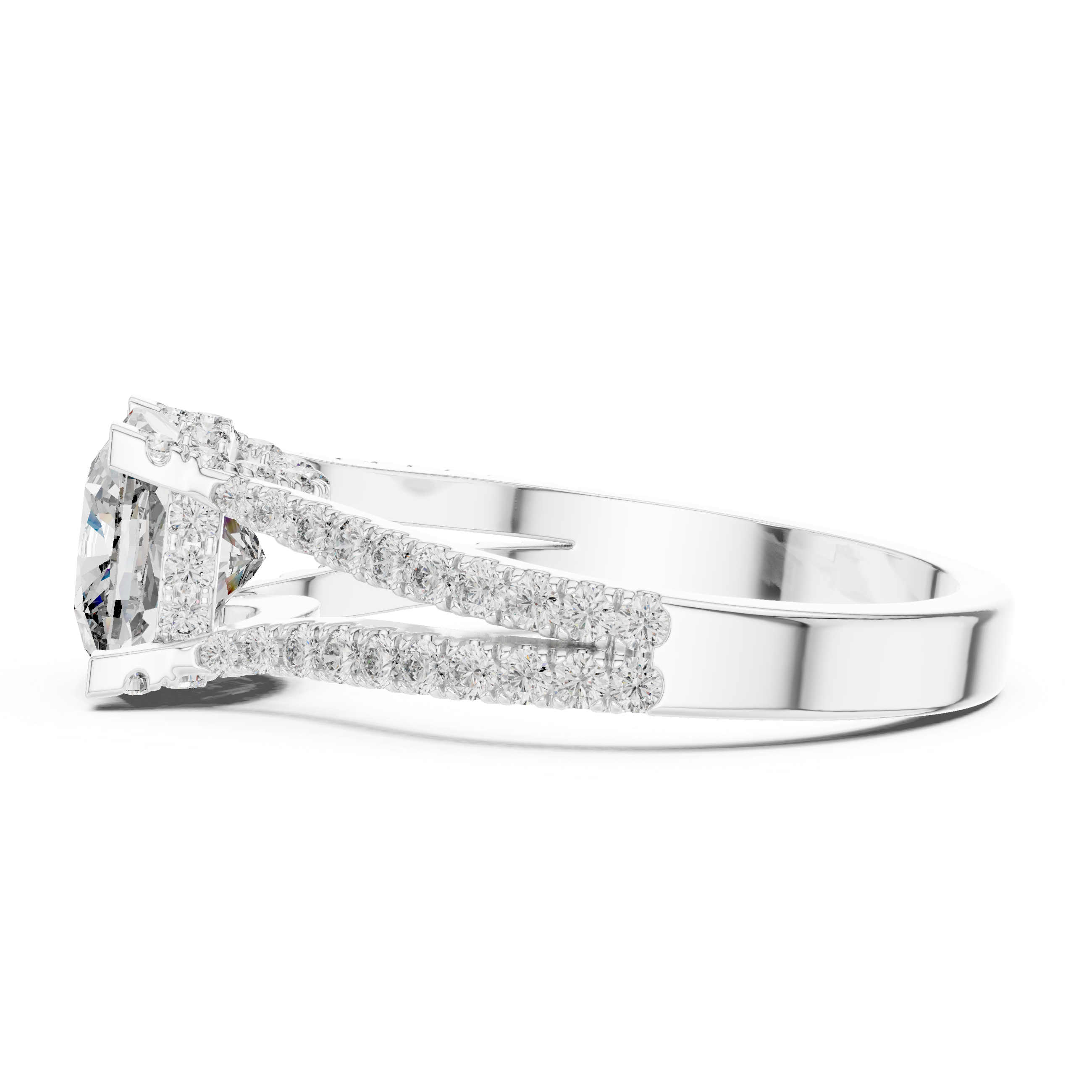 Cushion Cut Diamond Split Shank Ring with Pavé Band